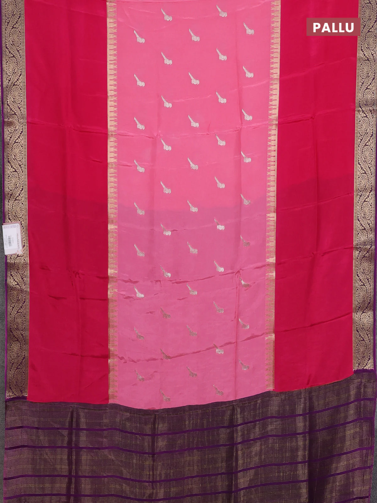 Semi mysore silk saree light pink and pink purple with zari woven buttas and rettapet zari woven border - Image 3
