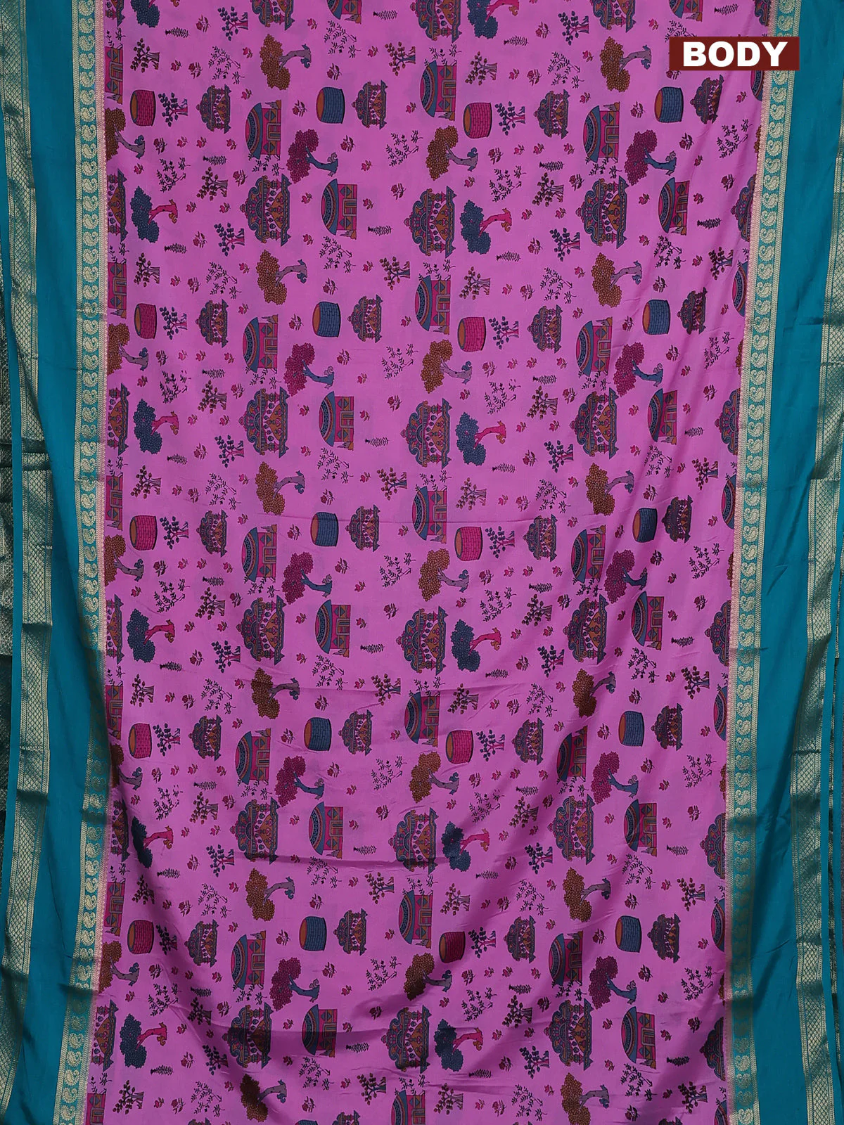 Semi mysore silk saree light pink and teal green with allover kalamkari prints and rettapet zari woven border - Image 2