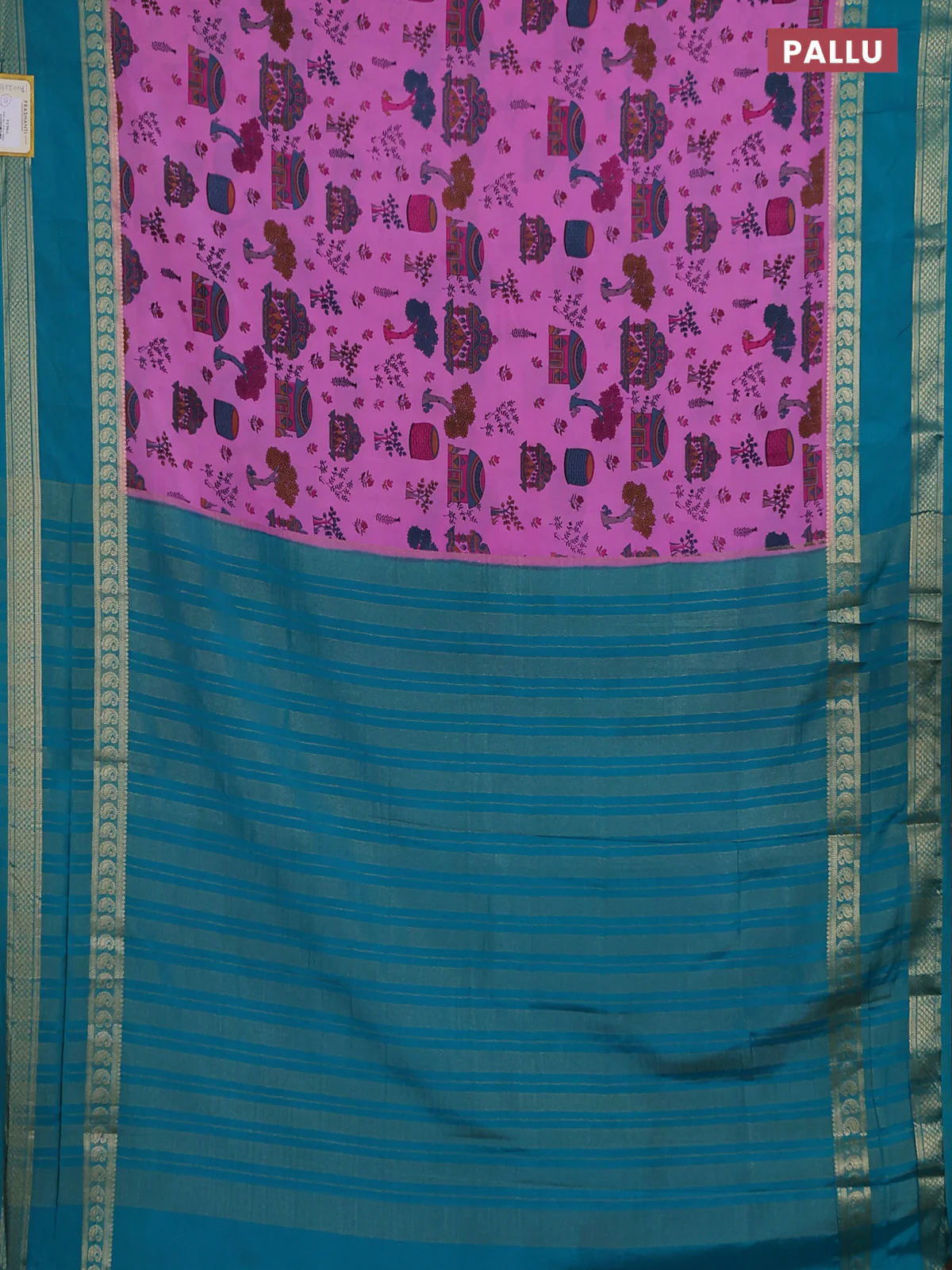 Semi mysore silk saree light pink and teal green with allover kalamkari prints and rettapet zari woven border - Image 3