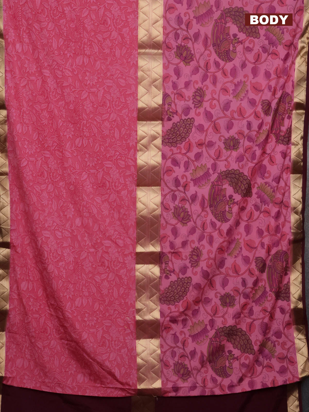 Semi mysore silk saree light pink and wine shade with half & half style and kalamkari prints - Image 2