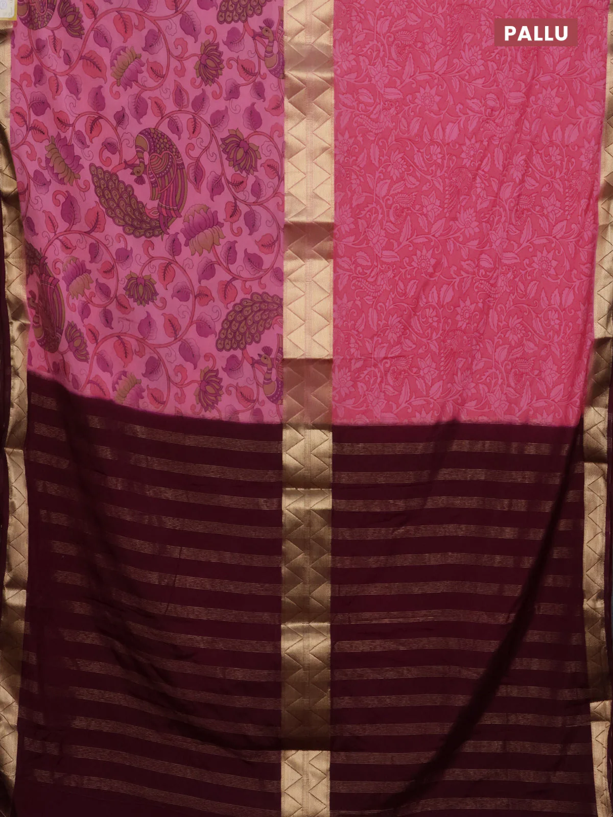 Semi mysore silk saree light pink and wine shade with half & half style and kalamkari prints - Image 3