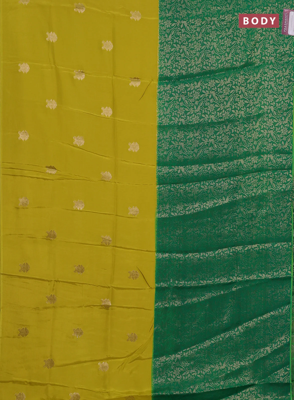 Semi mysore silk saree lime yellow and green with half & half style and long zari woven border - Image 2