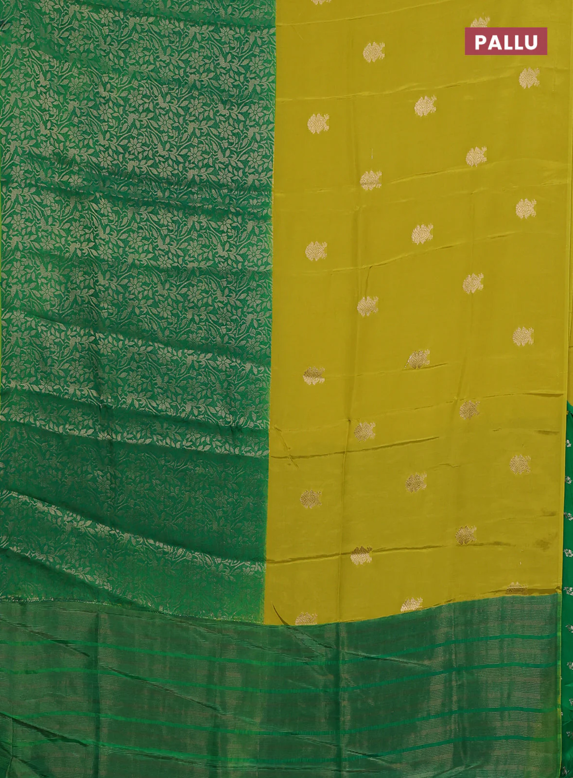 Semi mysore silk saree lime yellow and green with half & half style and long zari woven border - Image 3