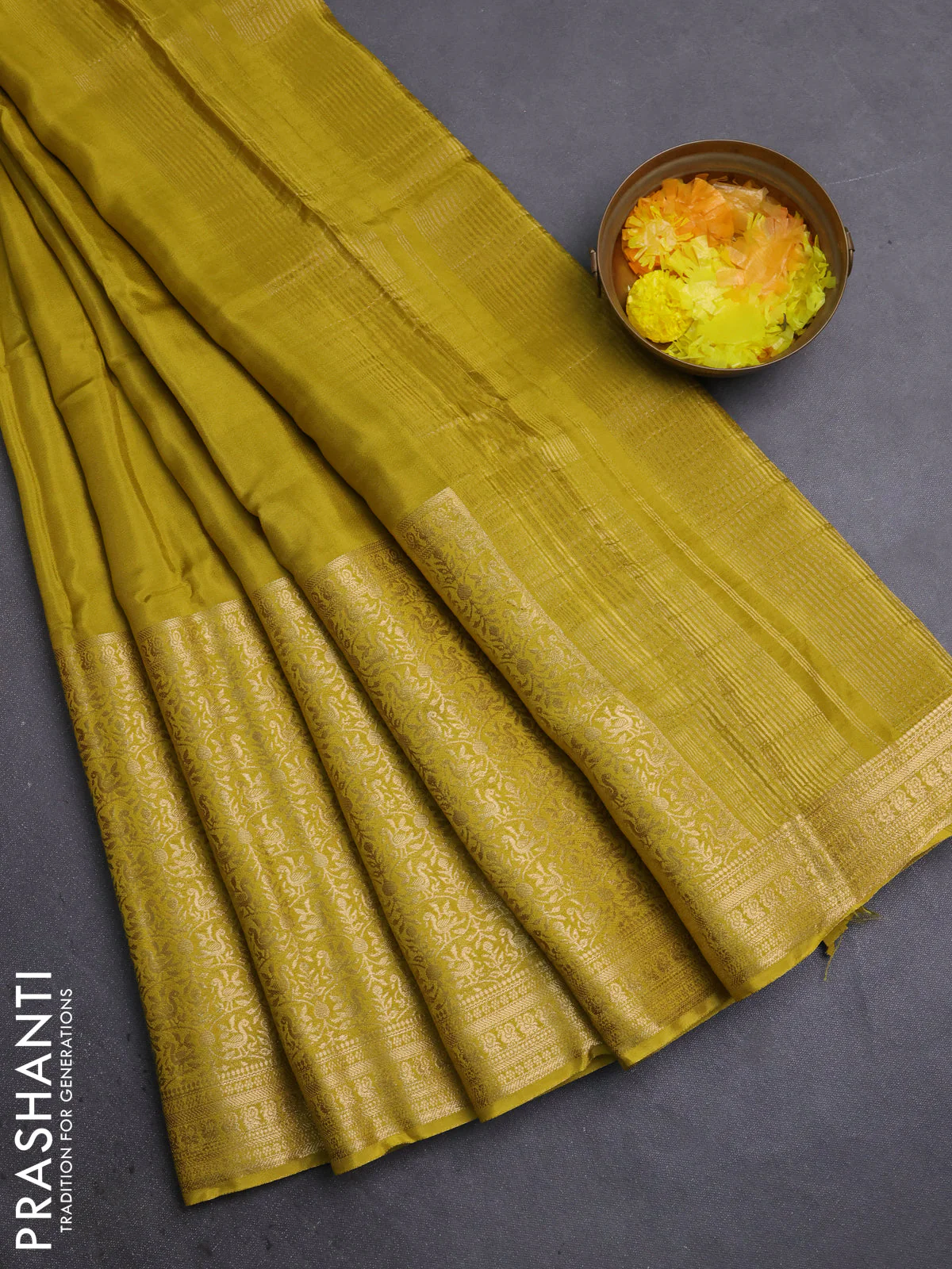 Semi mysore silk saree lime yellow with plain body and long annam zari woven border