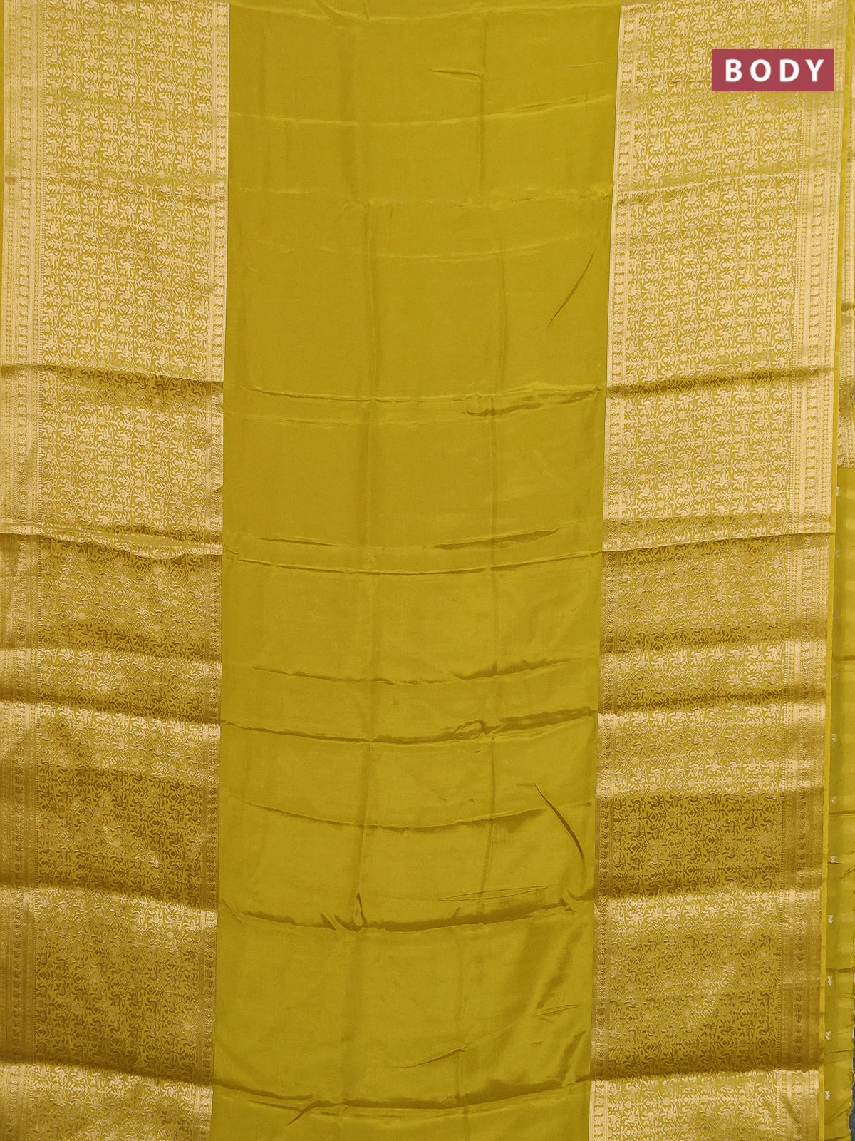 Semi mysore silk saree lime yellow with plain body and long annam zari woven border - Image 2