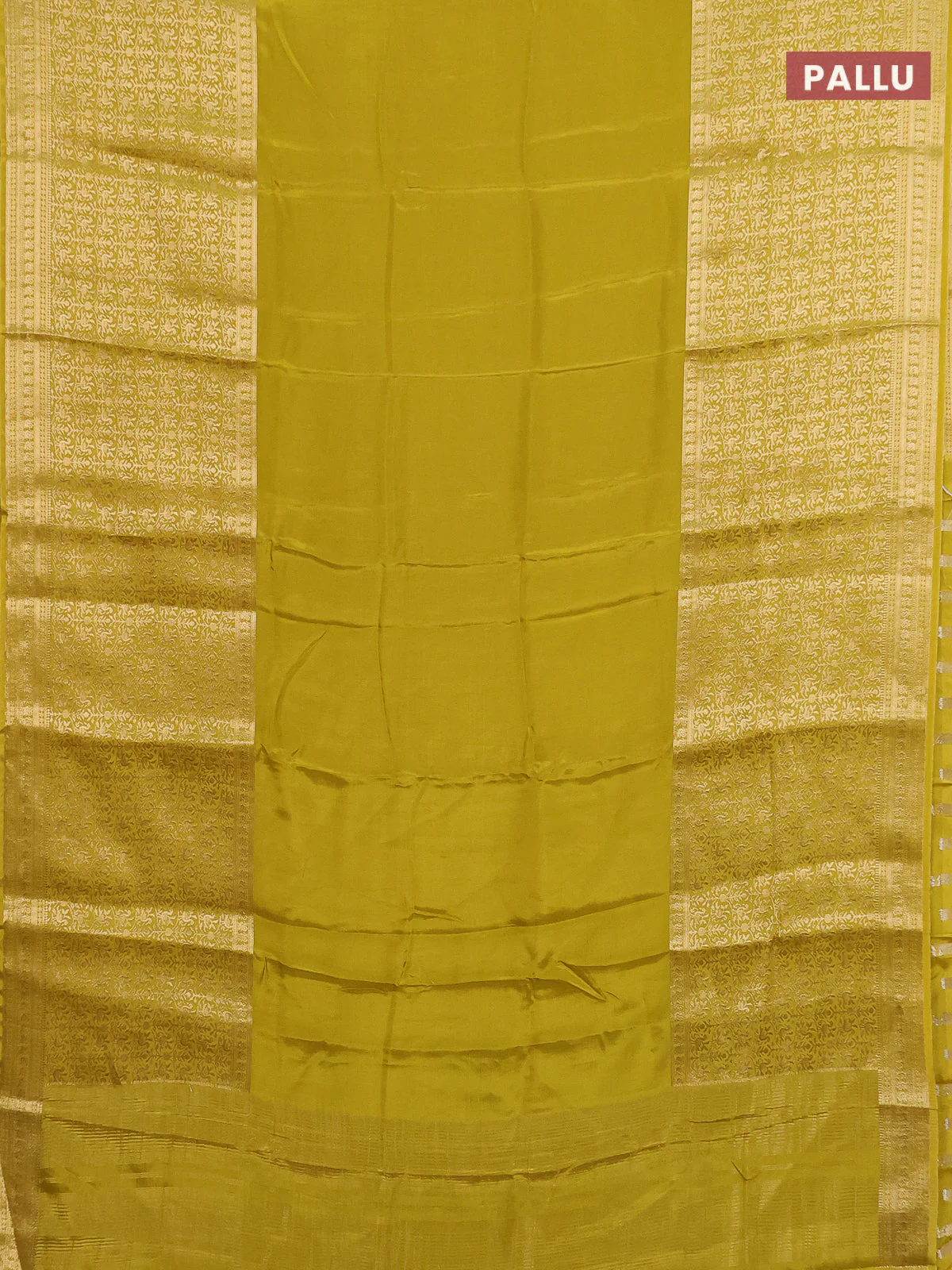 Semi mysore silk saree lime yellow with plain body and long annam zari woven border - Image 3