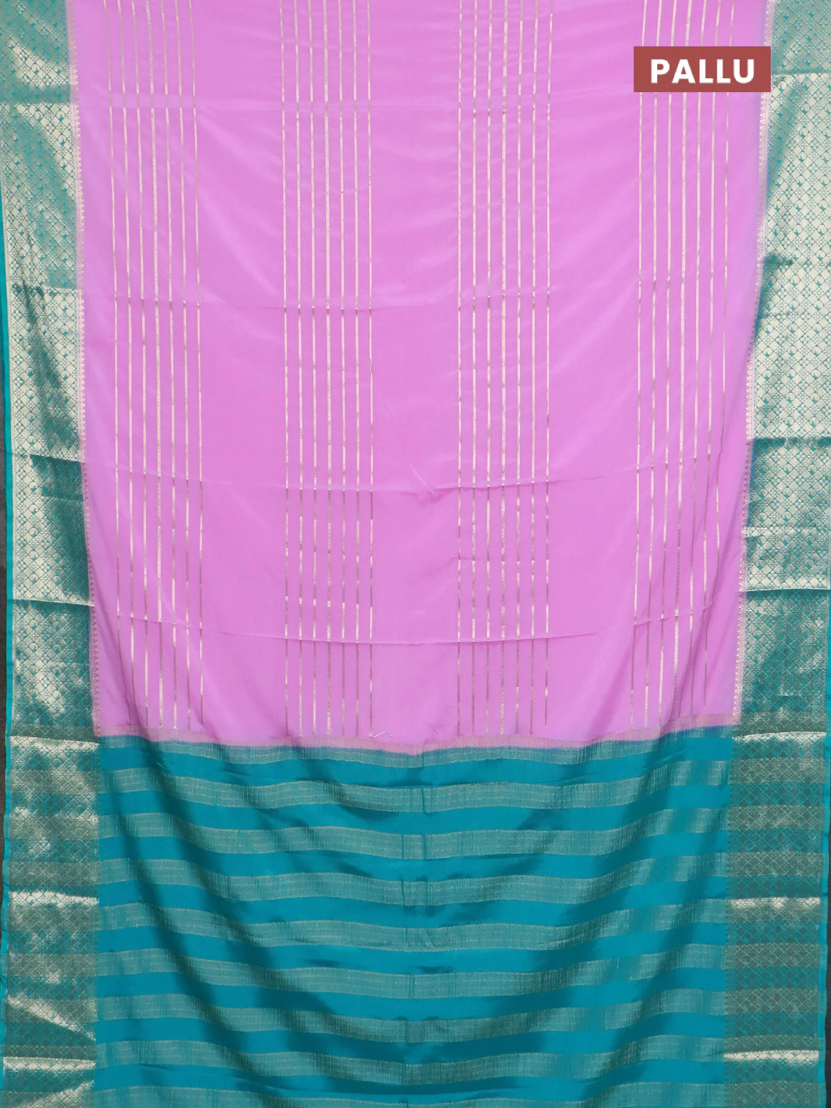 Semi mysore silk saree lotus pink and teal green with allover zari weaves and zari woven border - Image 3