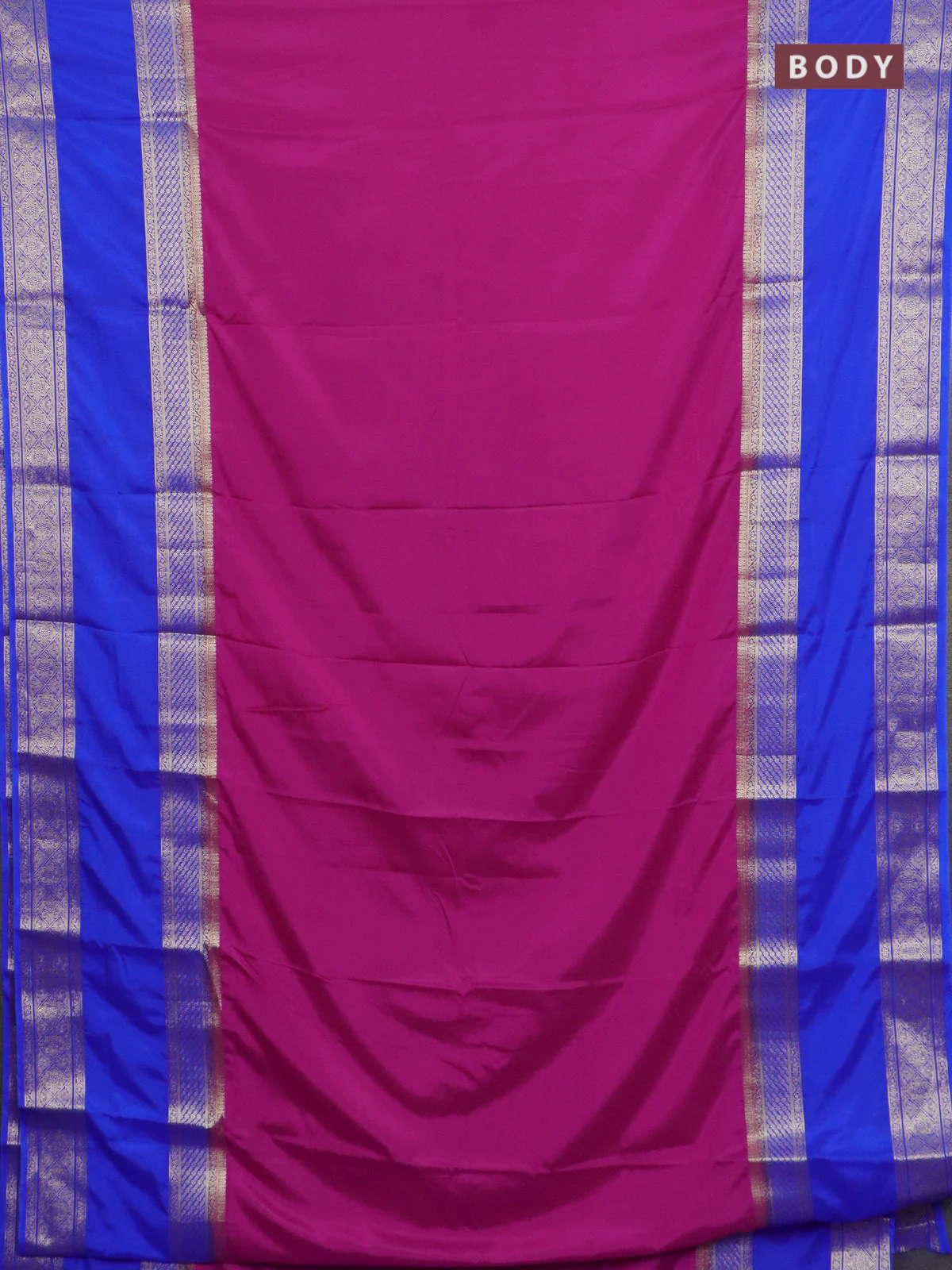 Semi mysore silk saree magenta pink and royal blue with plain body and rettapet zari woven border - Image 2