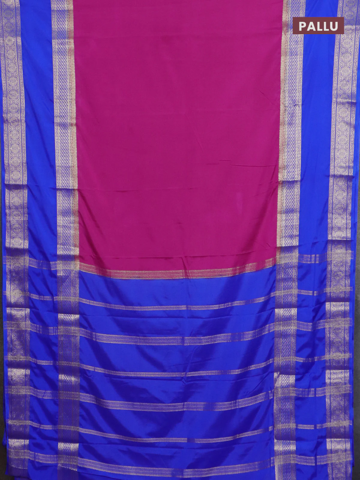 Semi mysore silk saree magenta pink and royal blue with plain body and rettapet zari woven border - Image 3