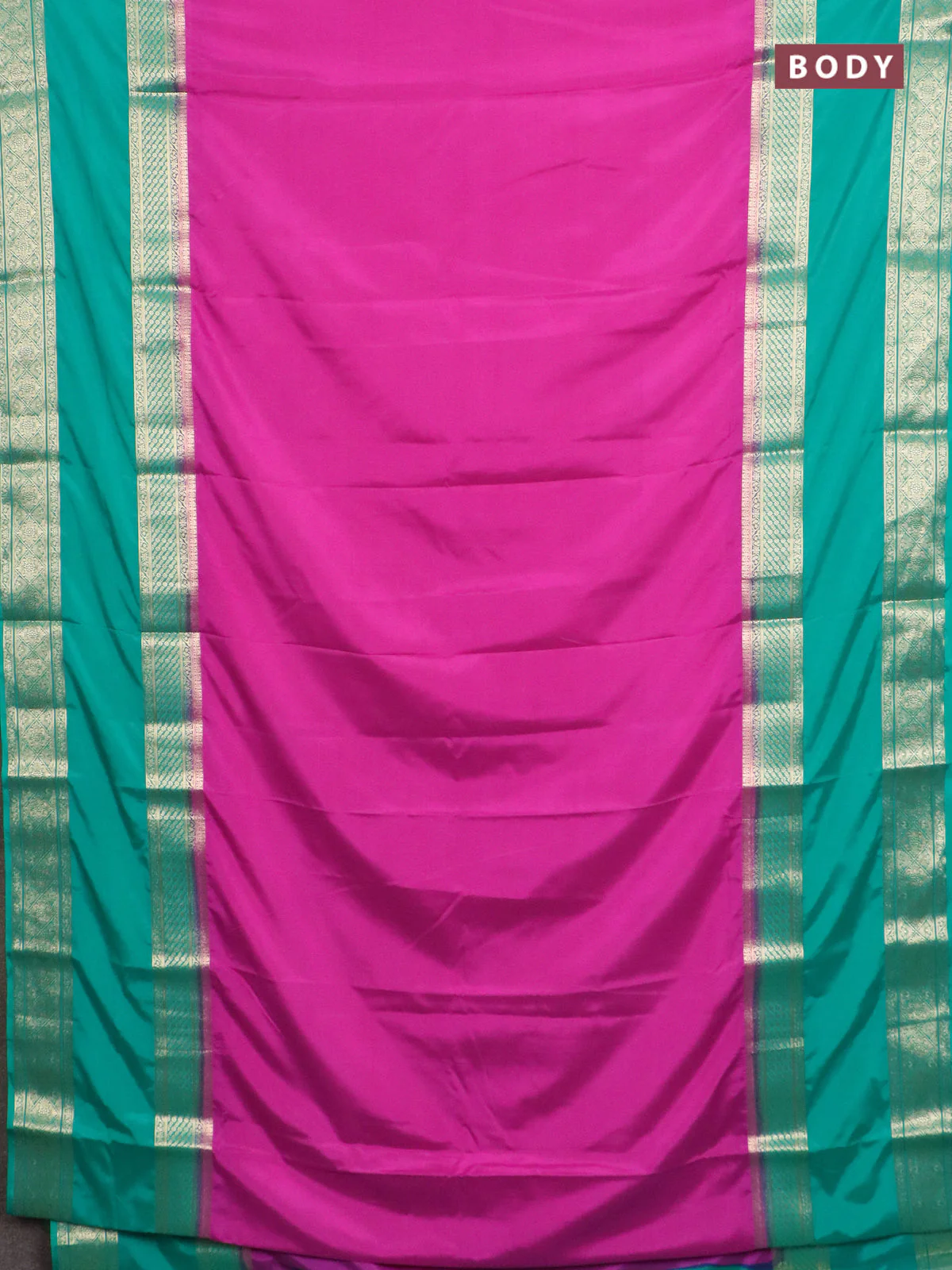 Semi mysore silk saree magenta pink and teal green with plain body and rettapet zari woven border - Image 2