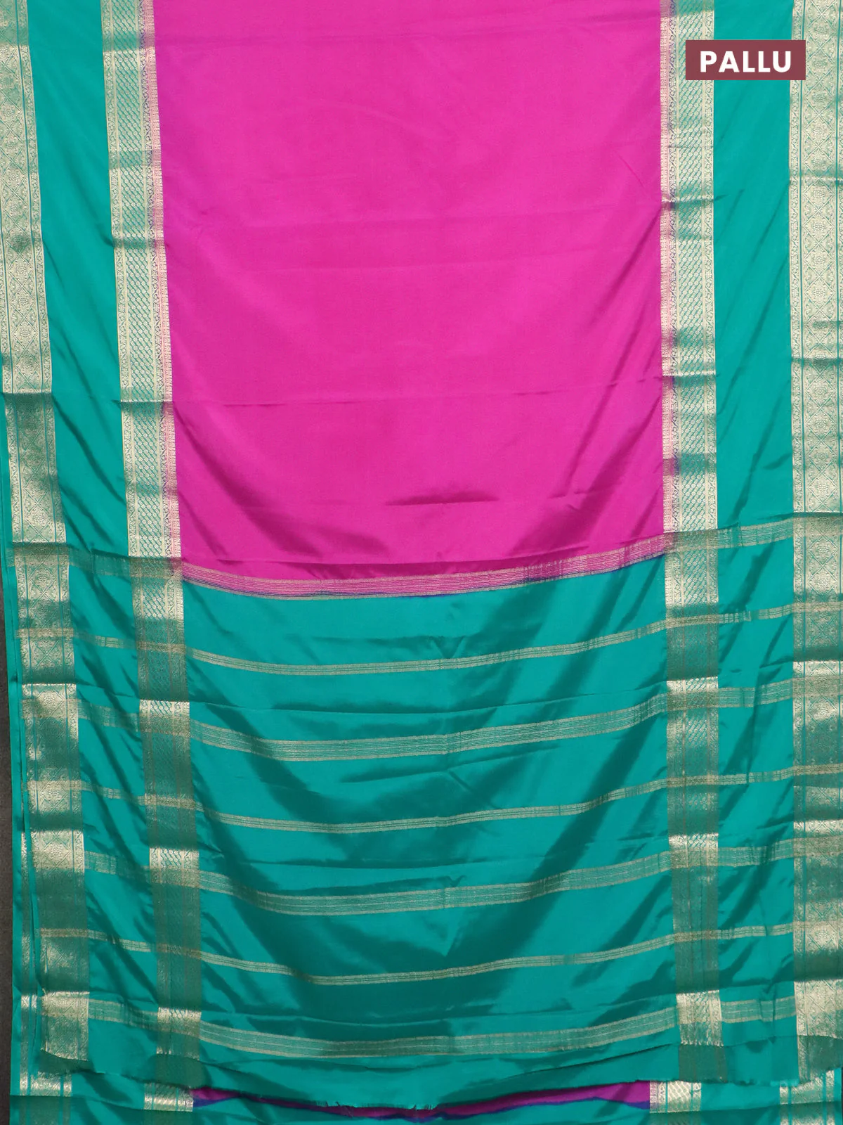 Semi mysore silk saree magenta pink and teal green with plain body and rettapet zari woven border - Image 3