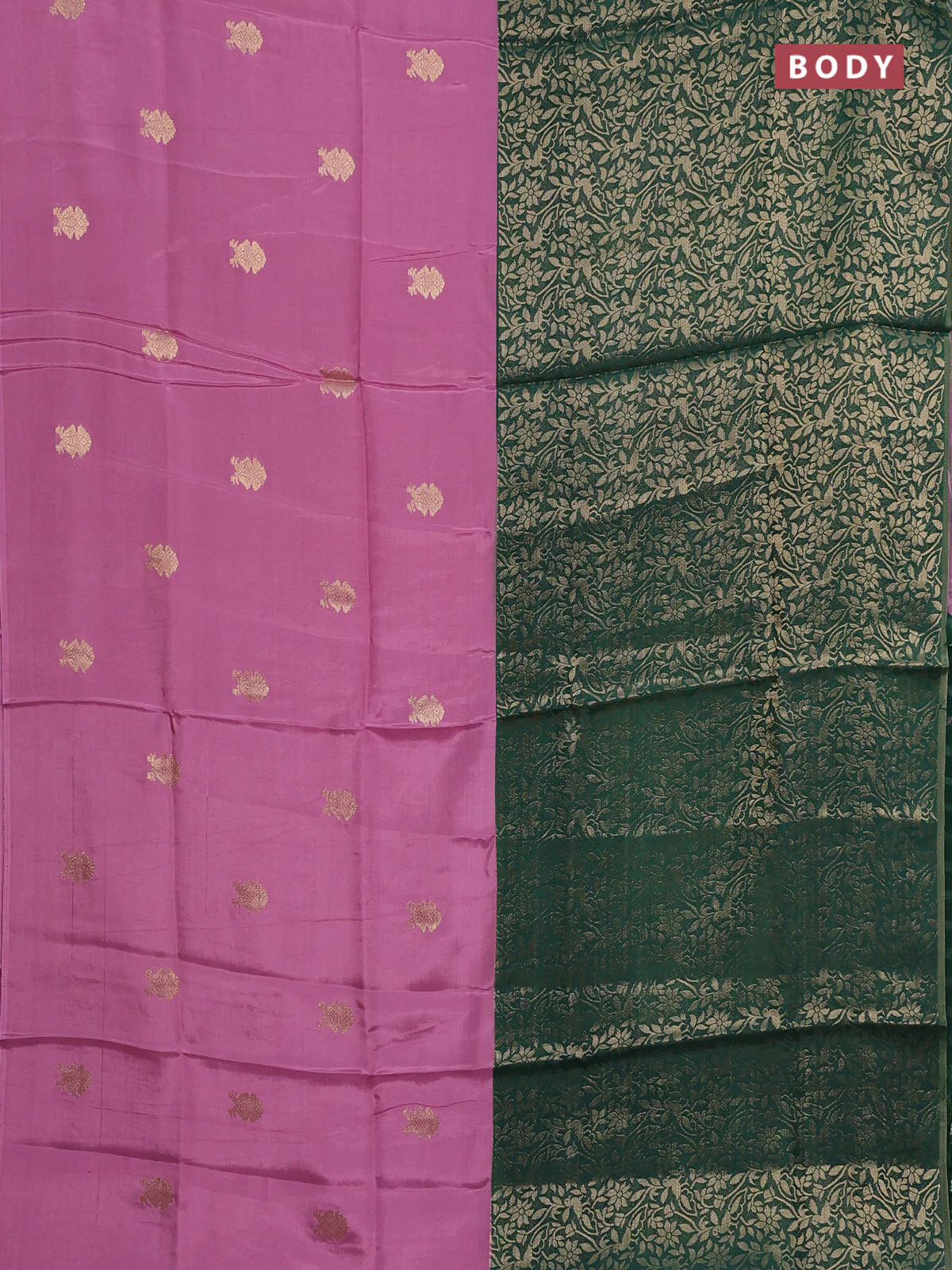 Semi mysore silk saree mauve pink and green with half & half style and long zari woven border - Image 2