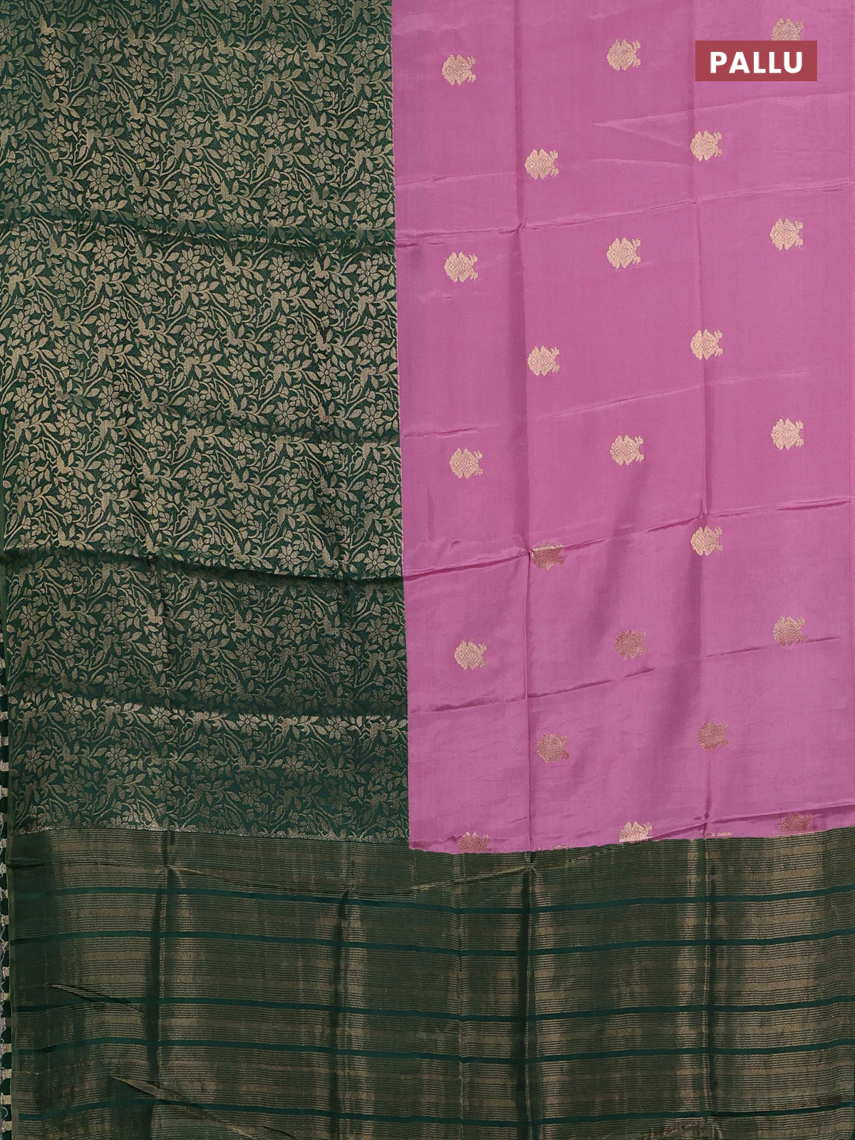Semi mysore silk saree mauve pink and green with half & half style and long zari woven border - Image 3