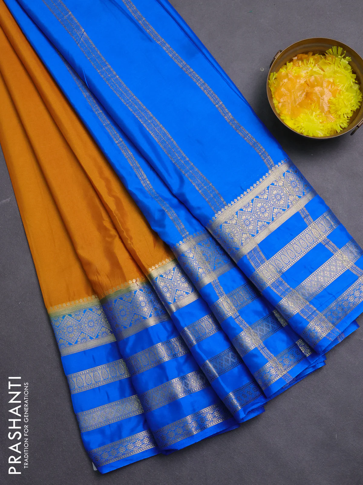 Semi mysore silk saree mustad yellow and blue with plain body and long zari woven border