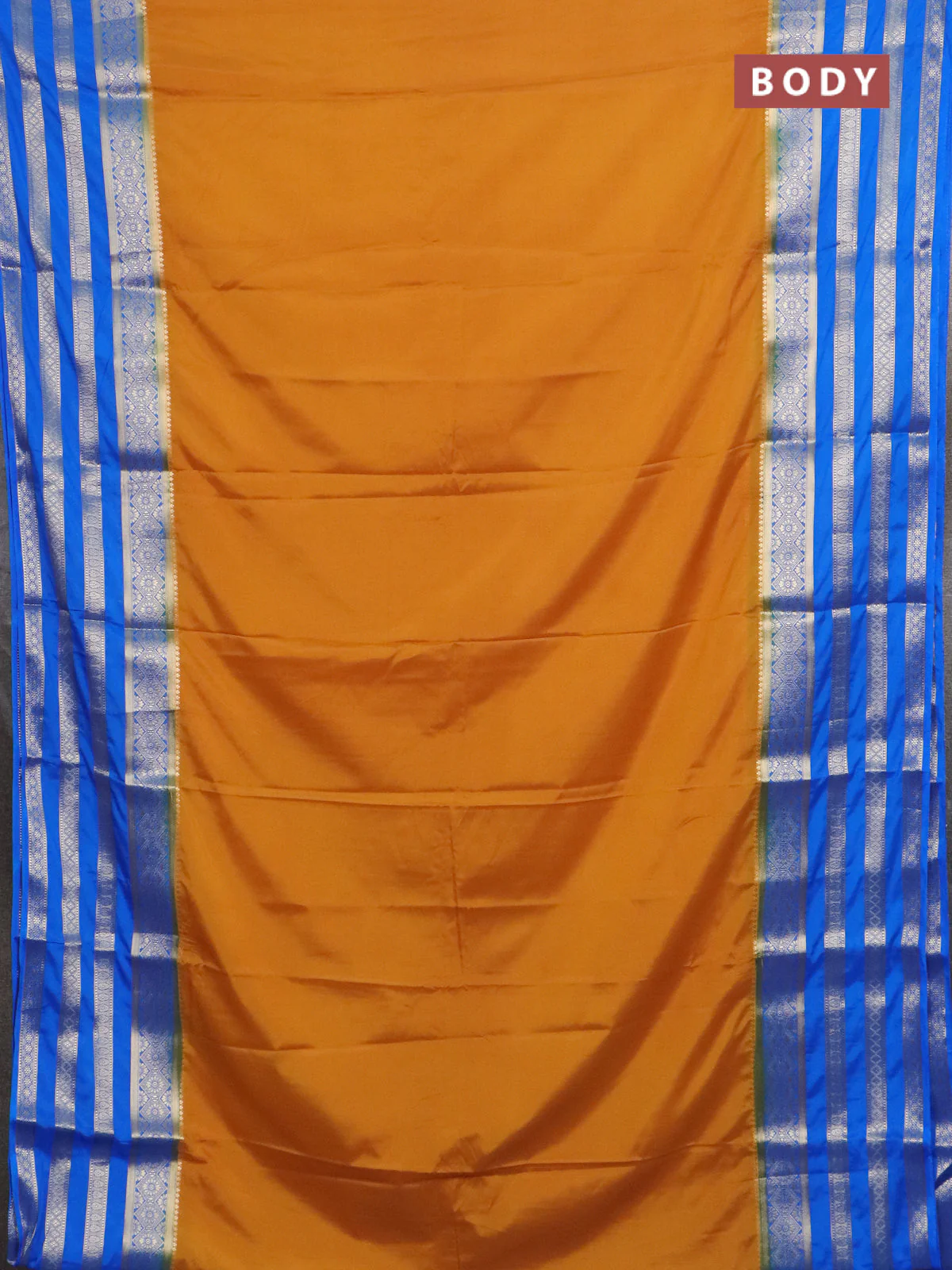 Semi mysore silk saree mustad yellow and blue with plain body and long zari woven border - Image 2