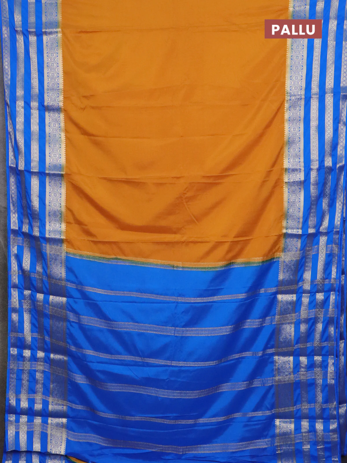 Semi mysore silk saree mustad yellow and blue with plain body and long zari woven border - Image 3