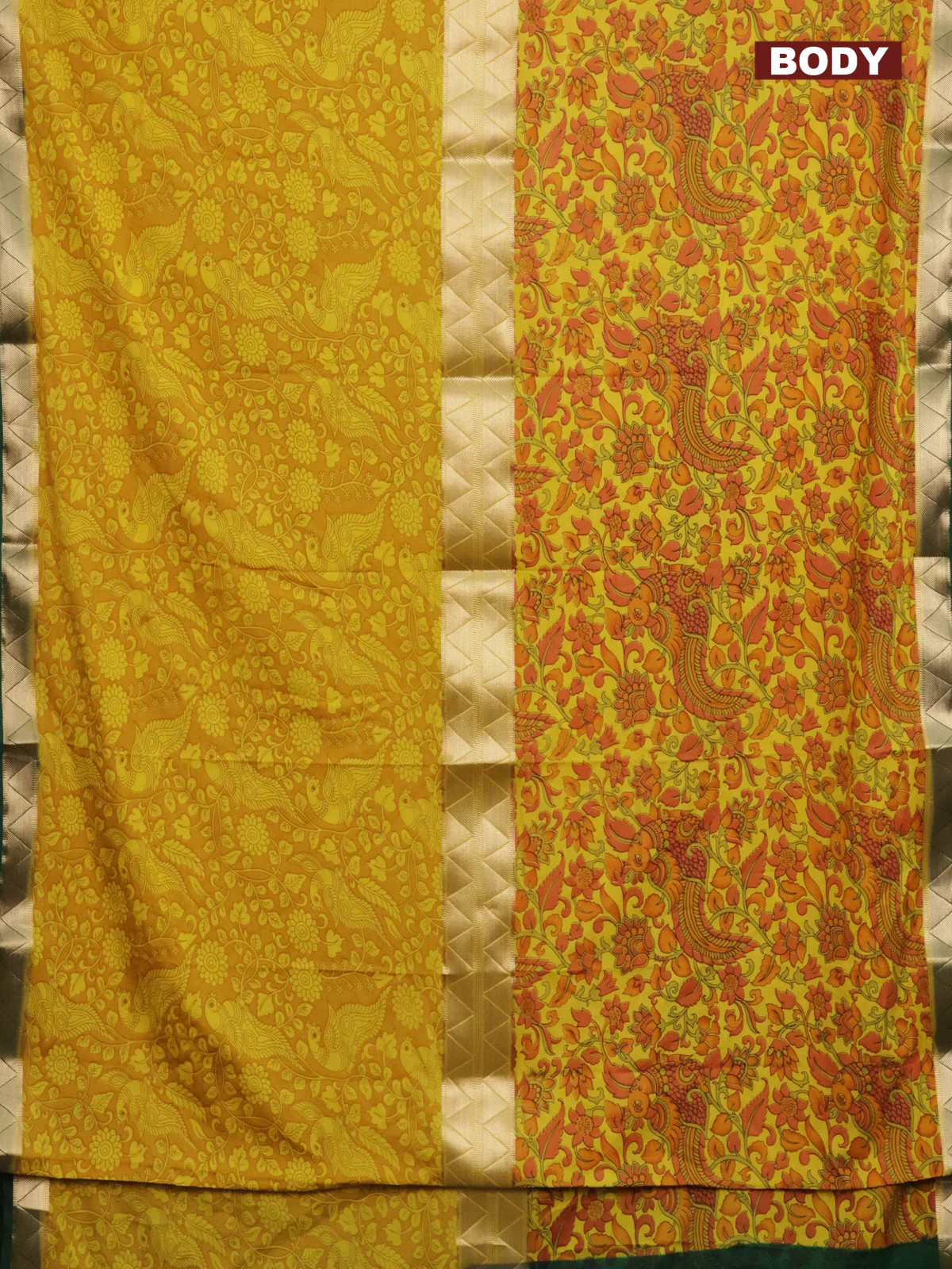 Semi mysore silk saree mustard yellow and dark green with allover half & half style and printed zari border - Image 2