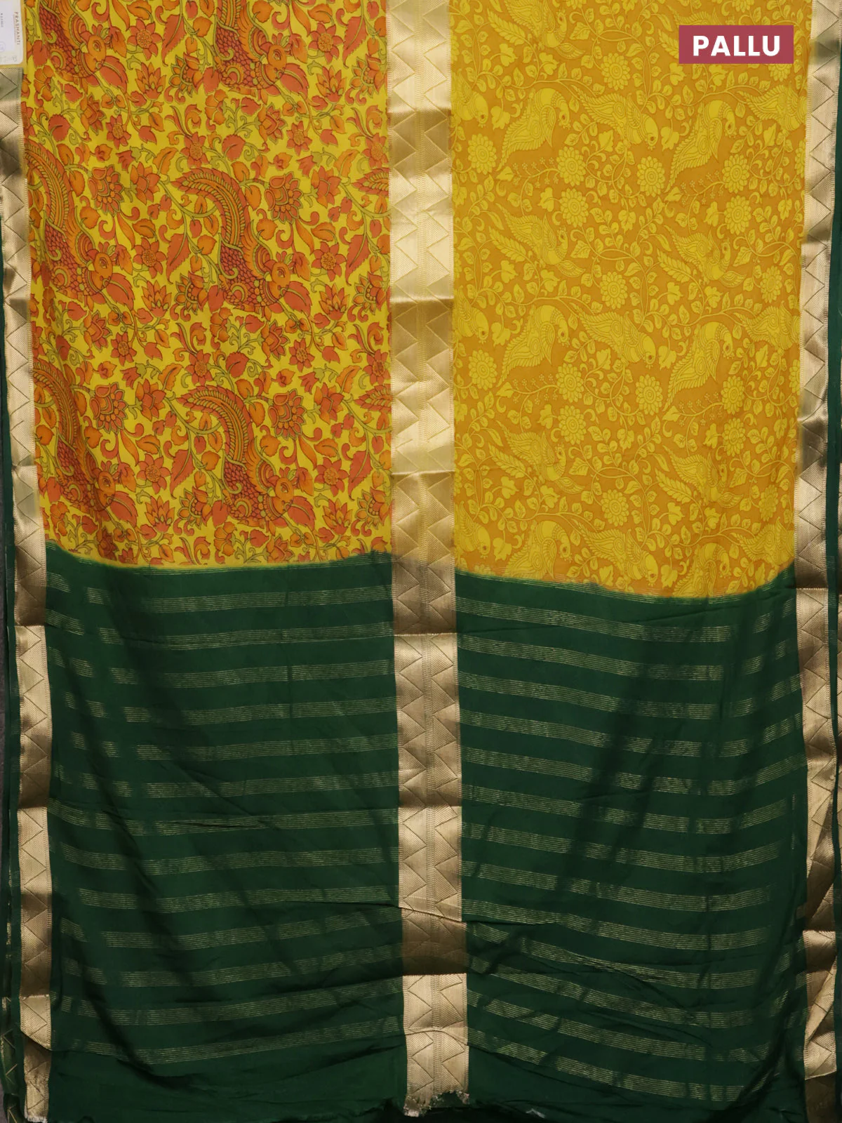 Semi mysore silk saree mustard yellow and dark green with allover half & half style and printed zari border - Image 3