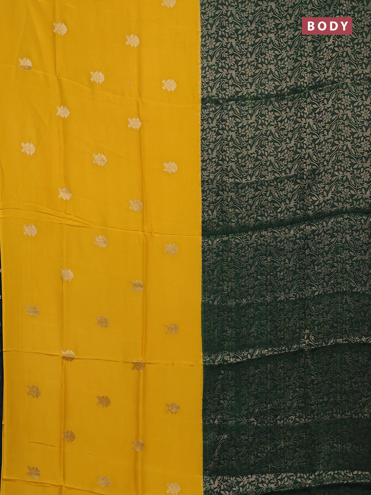 Semi mysore silk saree mustard yellow and green with half & half style and long zari woven border - Image 2
