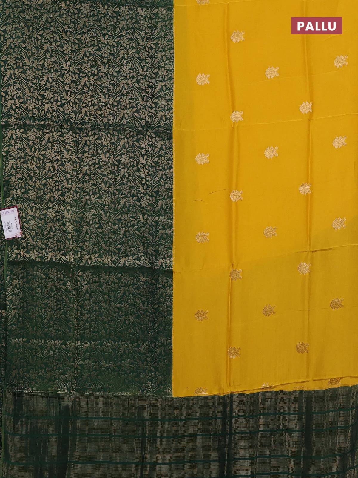 Semi mysore silk saree mustard yellow and green with half & half style and long zari woven border - Image 3