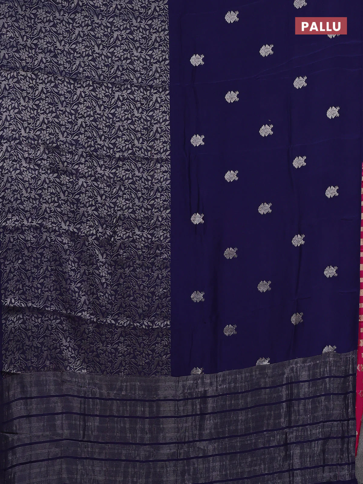 Semi mysore silk saree navy blue and pink with half & half style and long zari woven border - Image 3