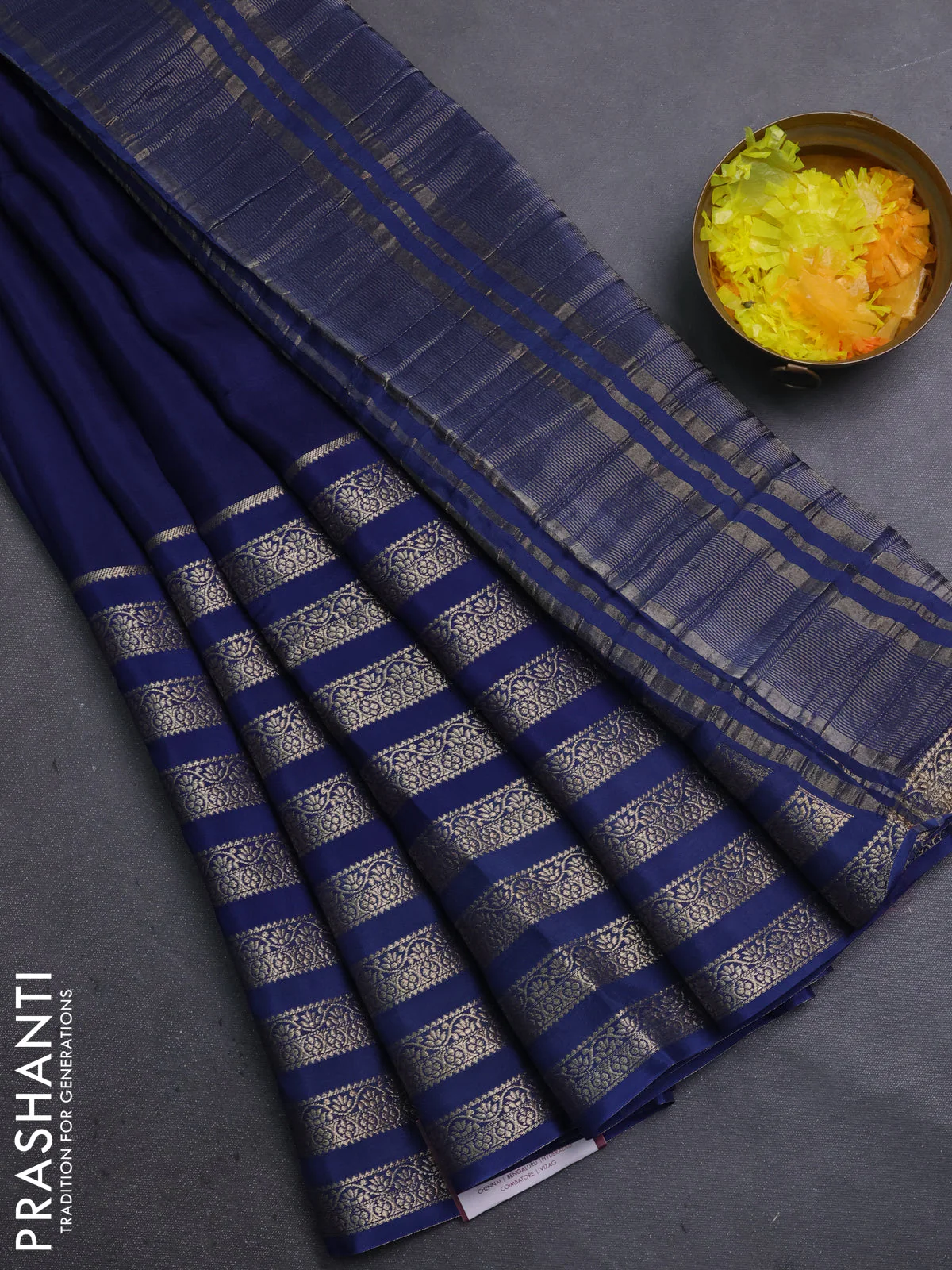 Semi mysore silk saree navy blue and pink with plain body and long zari woven border