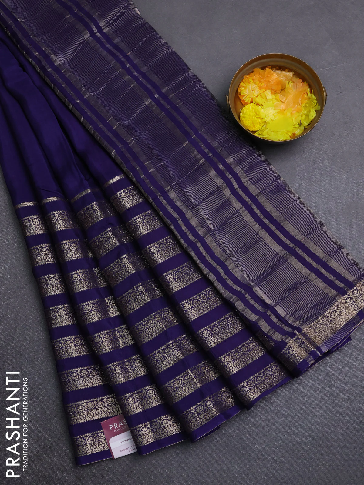 Semi mysore silk saree navy blue and pink with plain body and long zari woven border