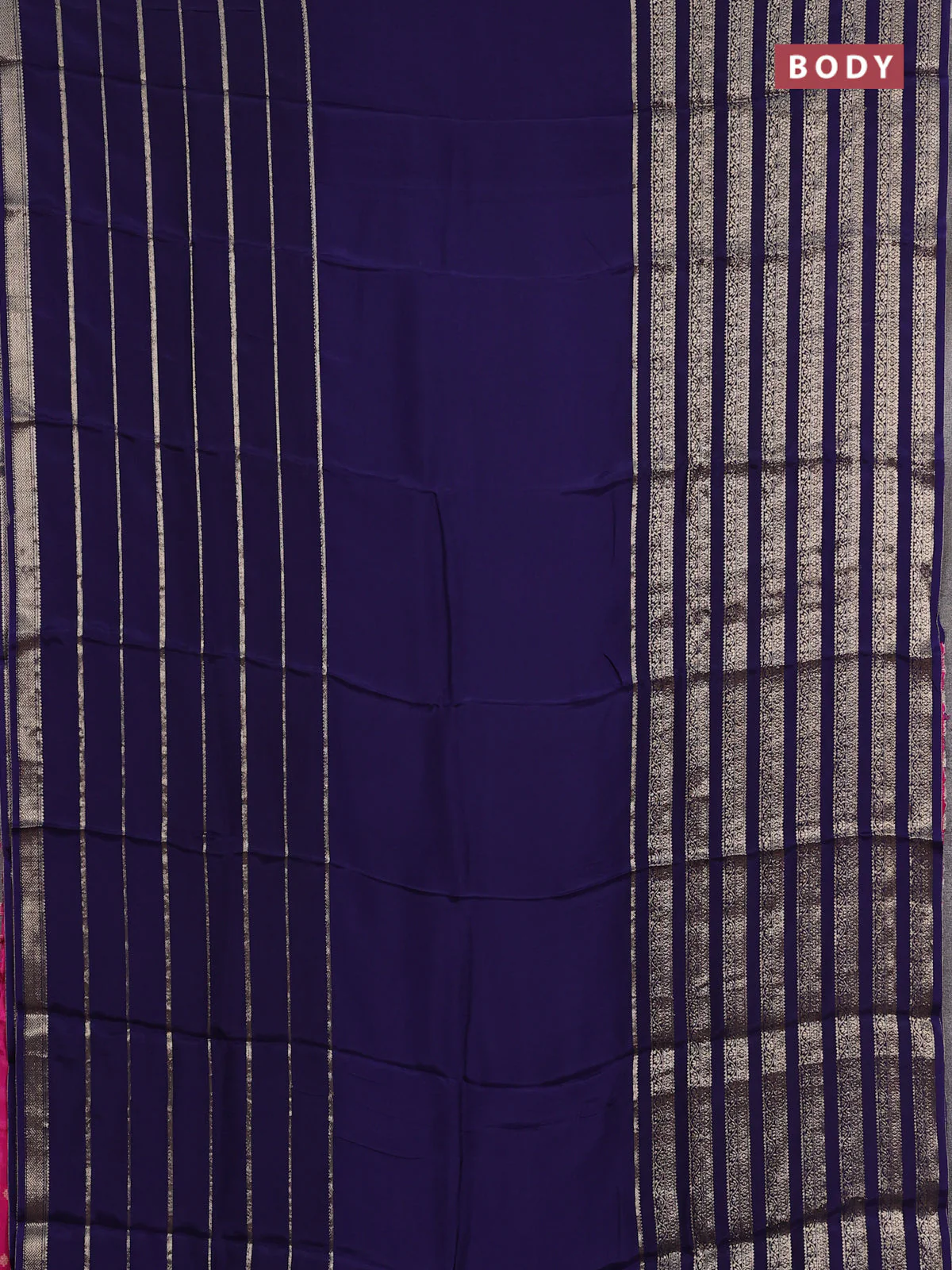 Semi mysore silk saree navy blue and pink with plain body and long zari woven border - Image 2