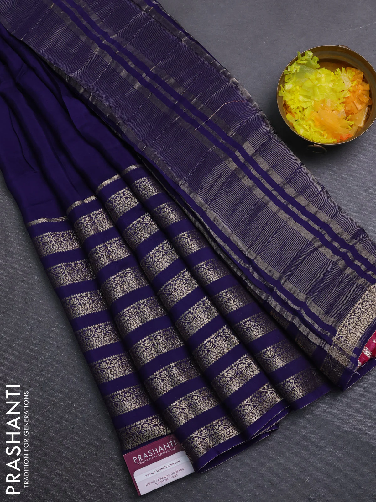 Semi mysore silk saree navy blue and pink with plain body and long zari woven border