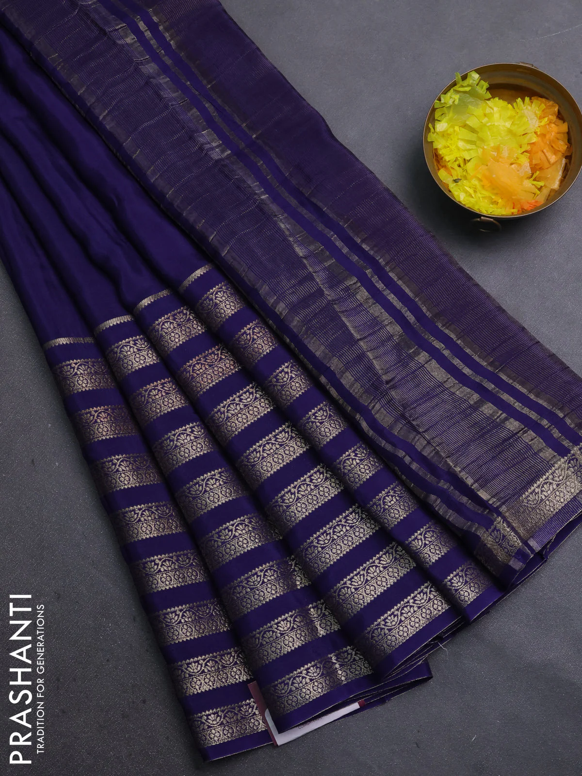 Semi mysore silk saree navy blue and pink with plain body and long zari woven border