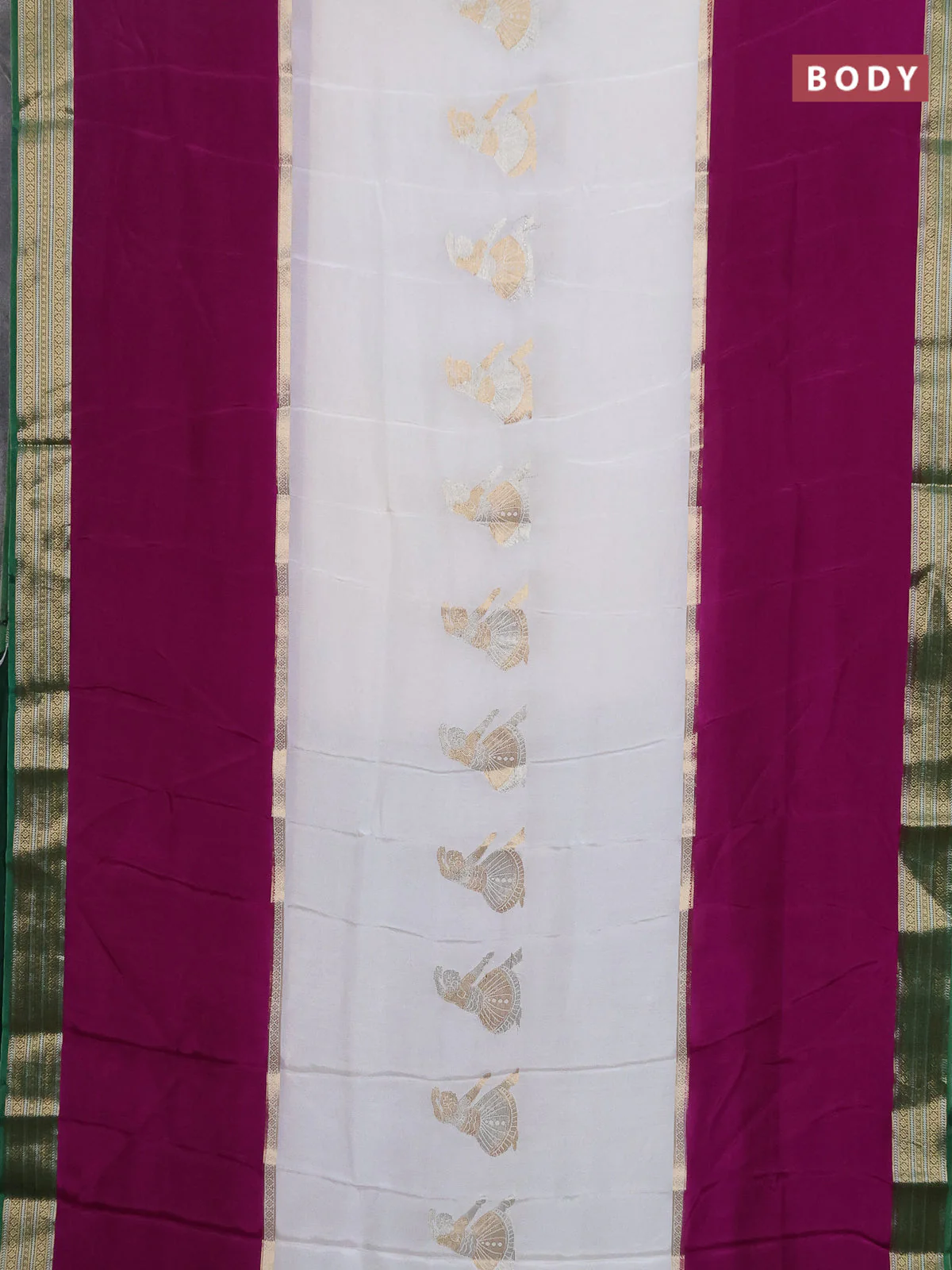 Semi mysore silk saree off white purple and green with zari woven buttas and rettaper zari woven border - Image 2