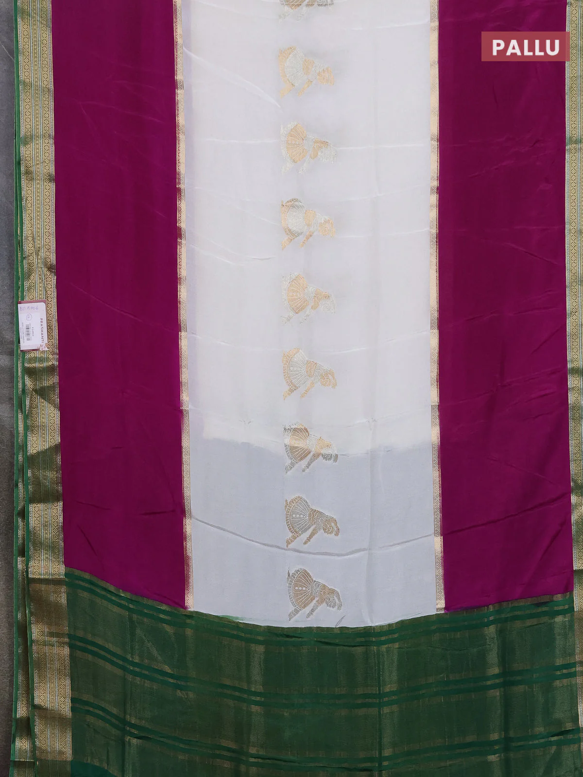 Semi mysore silk saree off white purple and green with zari woven buttas and rettaper zari woven border - Image 3