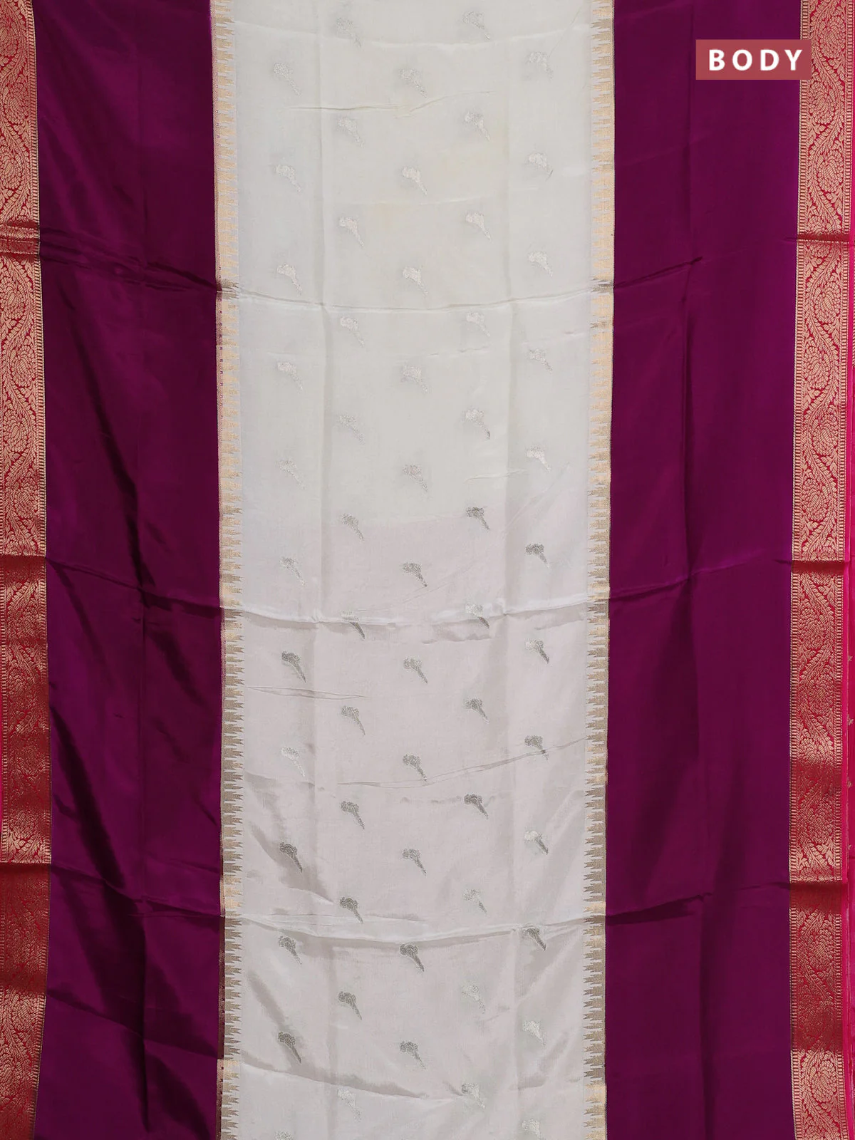 Semi mysore silk saree off white purple and pink with zari woven buttas and rettapet zari woven border - Image 2