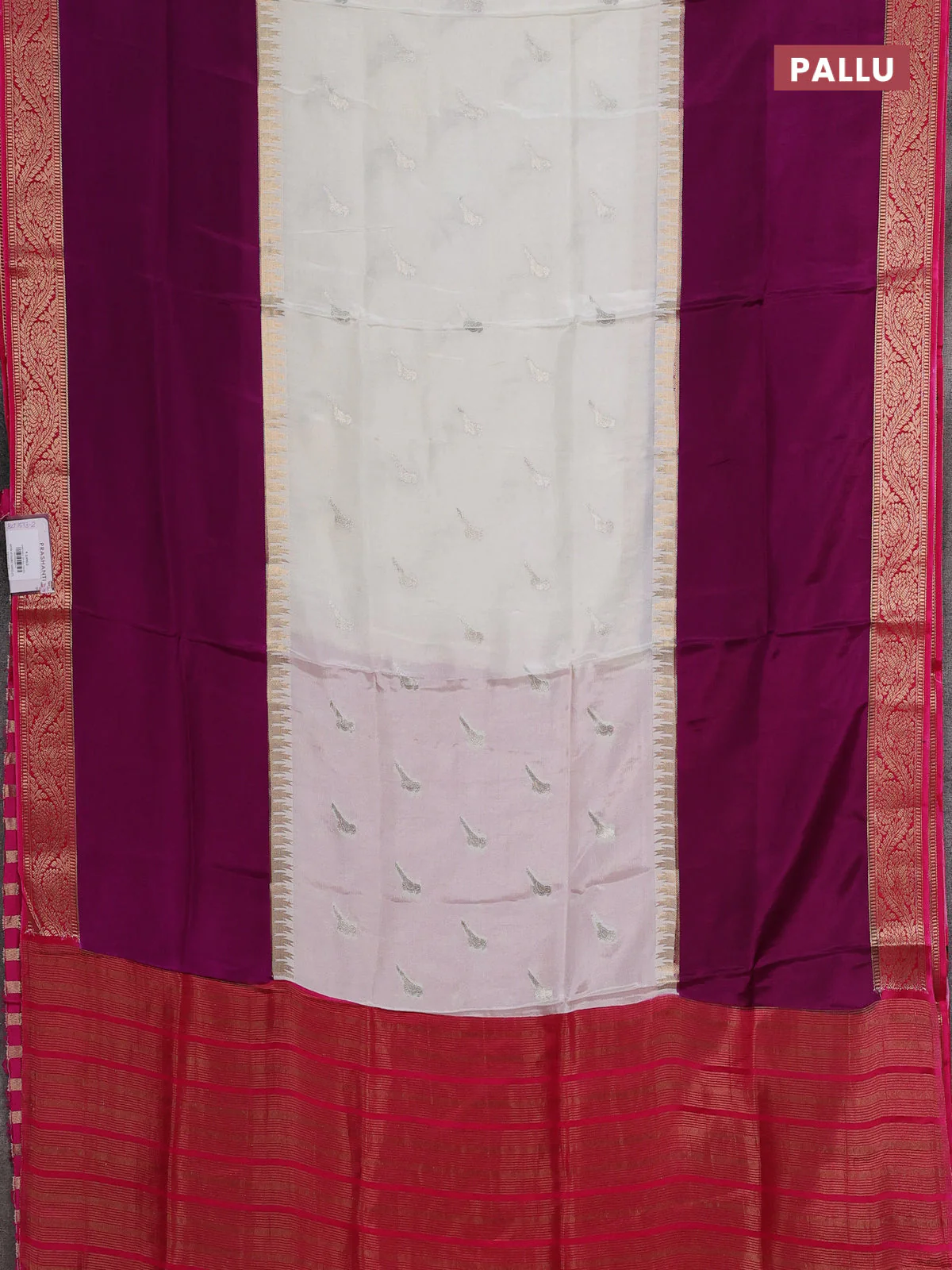Semi mysore silk saree off white purple and pink with zari woven buttas and rettapet zari woven border - Image 3
