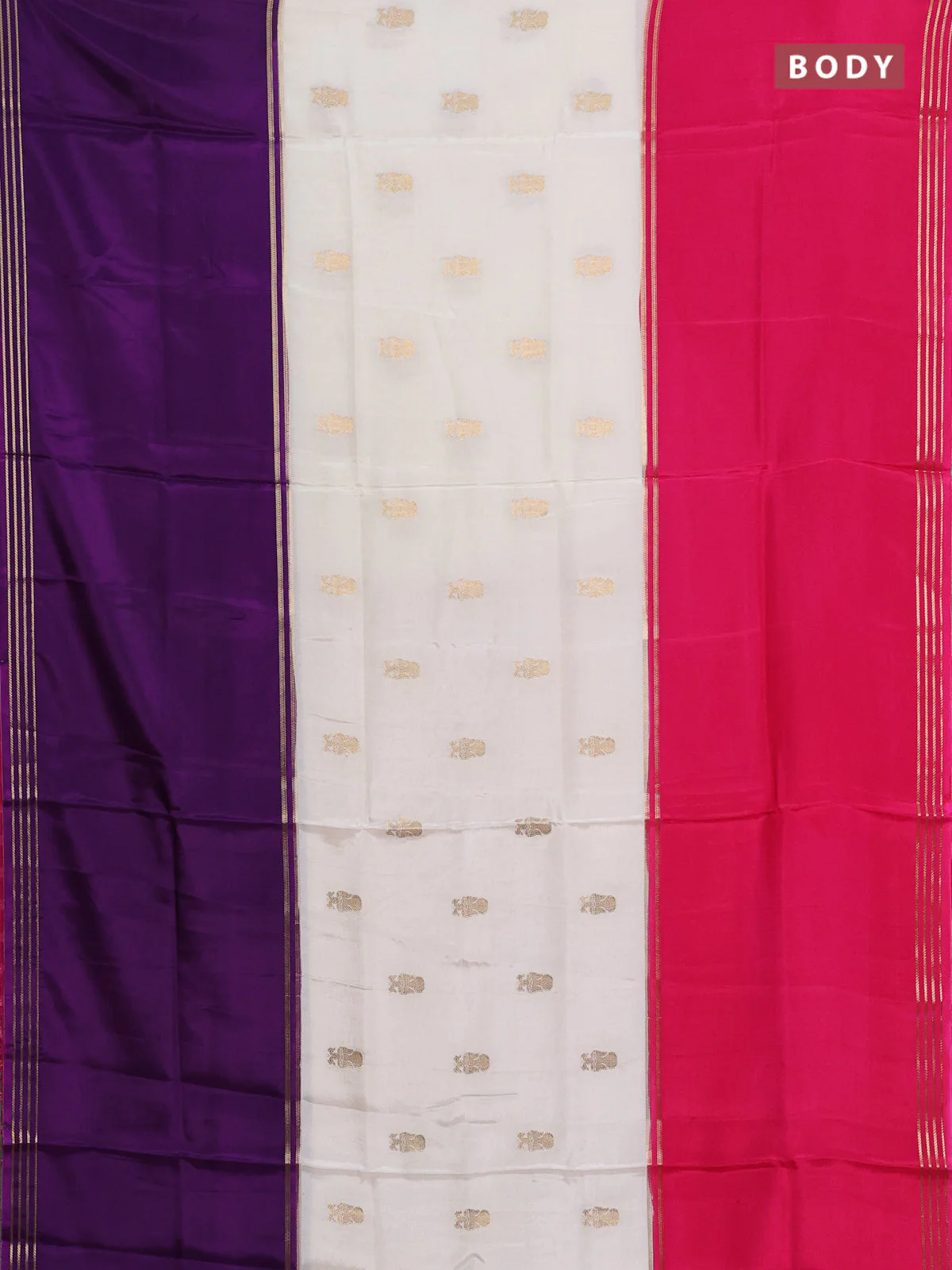 Semi mysore silk saree off white purple and pink with zari woven buttas and rettapet zari woven border - Image 2