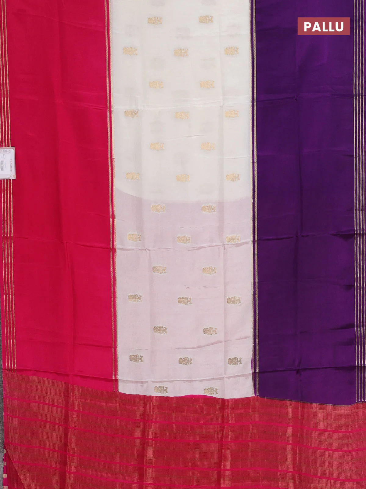 Semi mysore silk saree off white purple and pink with zari woven buttas and rettapet zari woven border - Image 3