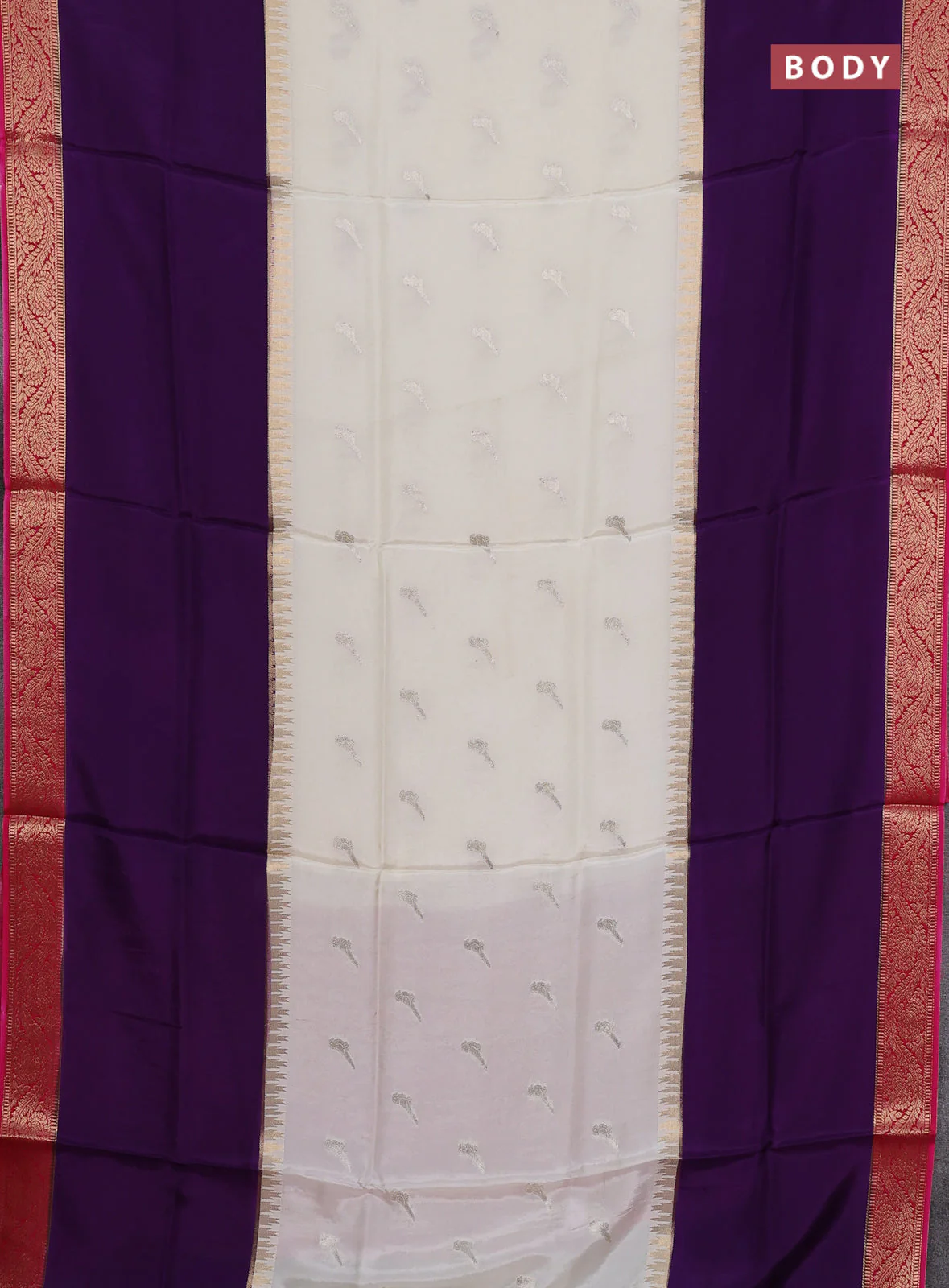 Semi mysore silk saree off white violet and pink with zari woven buttas and rettapet zari woven border - Image 2