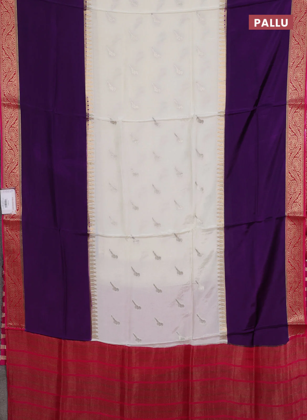 Semi mysore silk saree off white violet and pink with zari woven buttas and rettapet zari woven border - Image 3