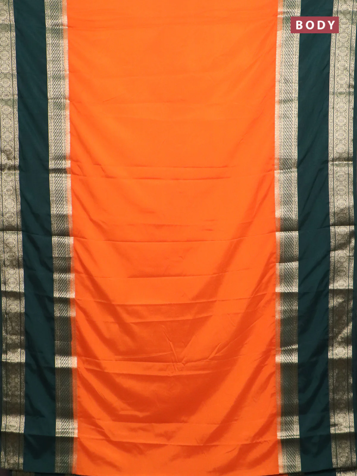 Semi mysore silk saree orange and bottle green with plain body and rettapet zari woven border - Image 2