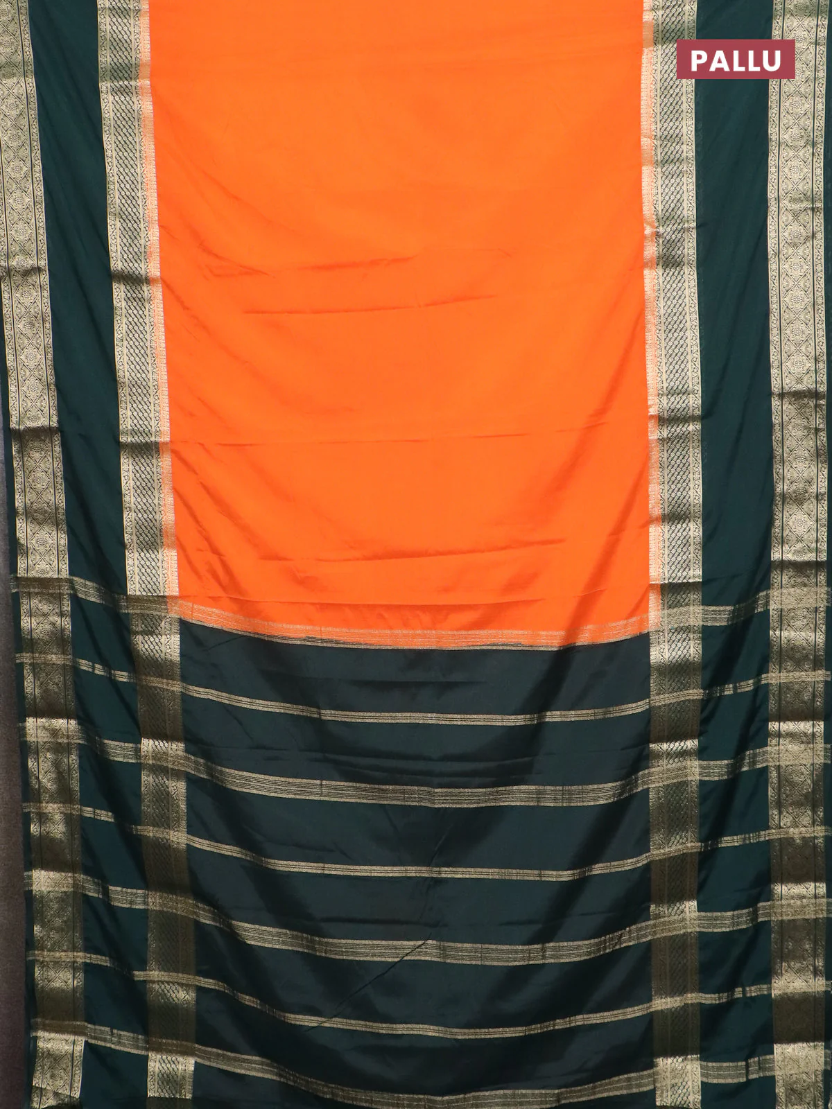 Semi mysore silk saree orange and bottle green with plain body and rettapet zari woven border - Image 3