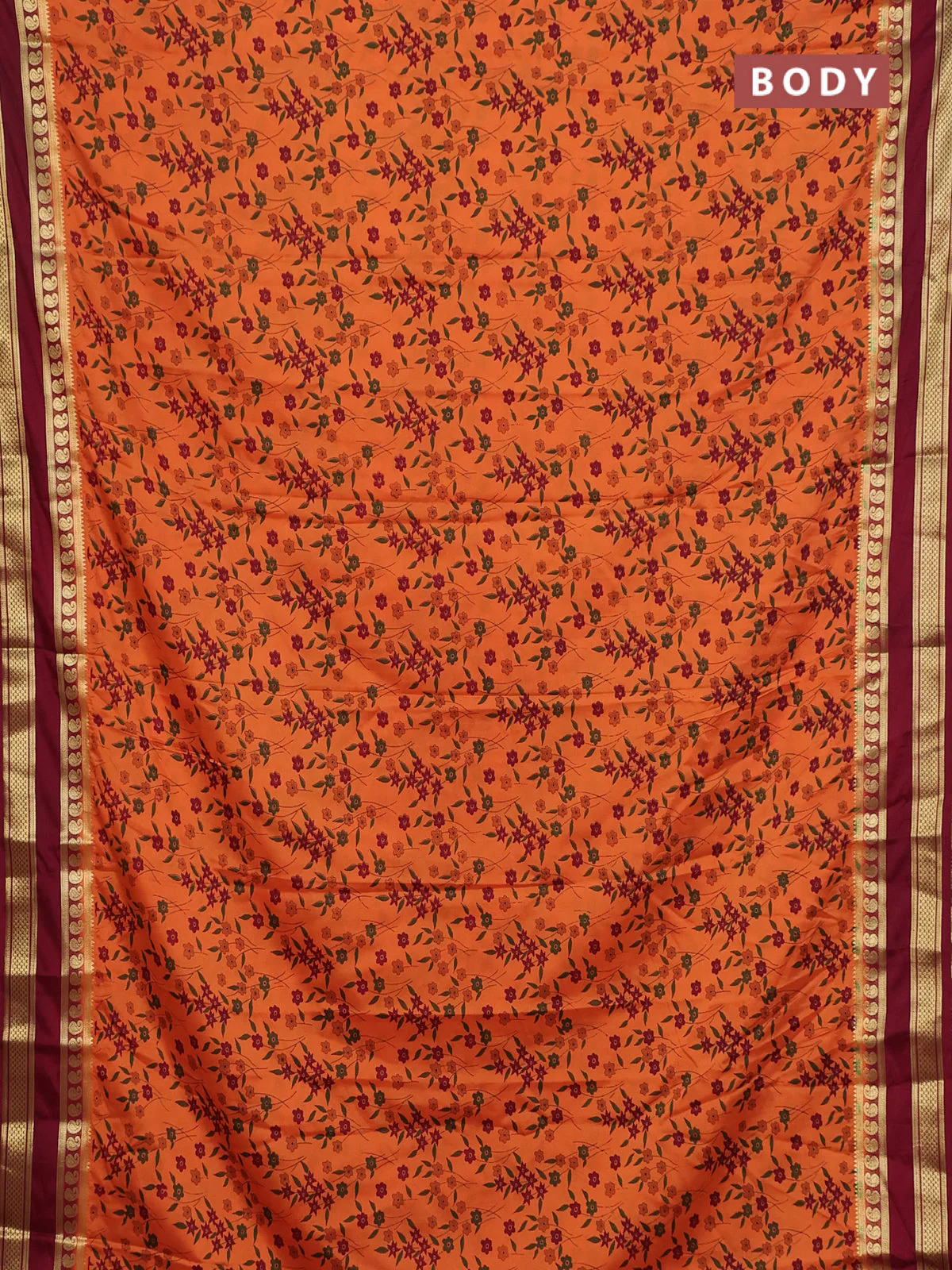 Semi mysore silk saree orange and maroon with allover prints and rettapet zari woven border - Image 2