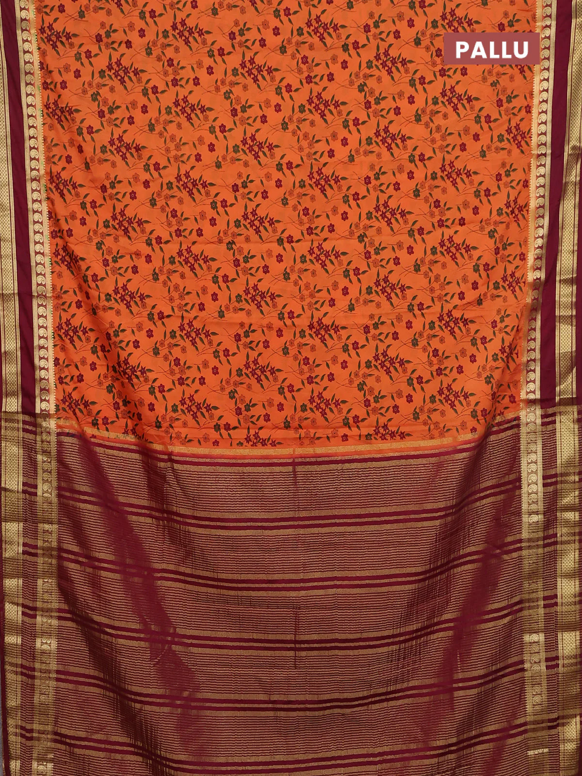 Semi mysore silk saree orange and maroon with allover prints and rettapet zari woven border - Image 3