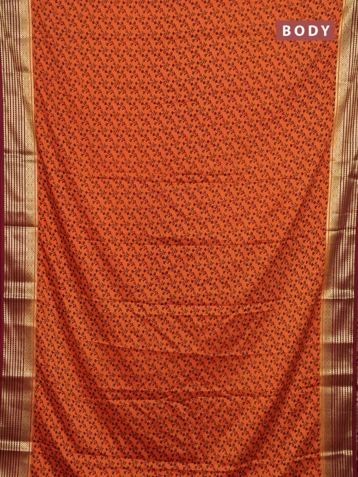 Semi mysore silk saree orange and maroon with allover prints and zari woven border - Image 2