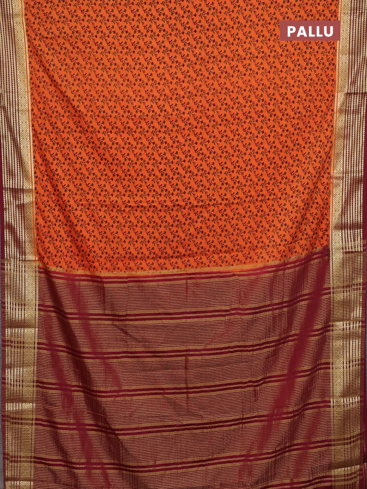 Semi mysore silk saree orange and maroon with allover prints and zari woven border - Image 3