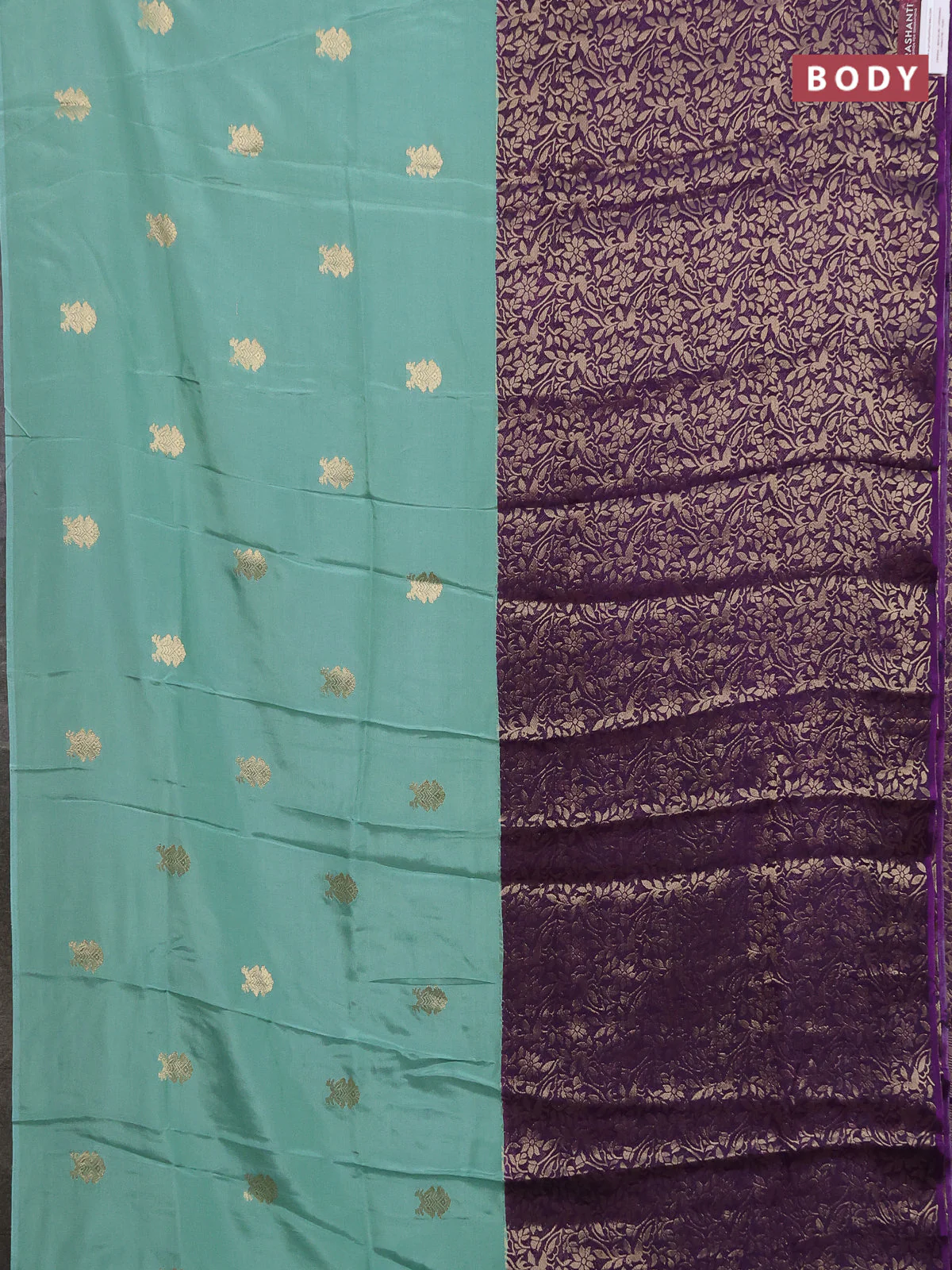 Semi mysore silk saree pastel green and purple with half & half style and long zari woven border - Image 2