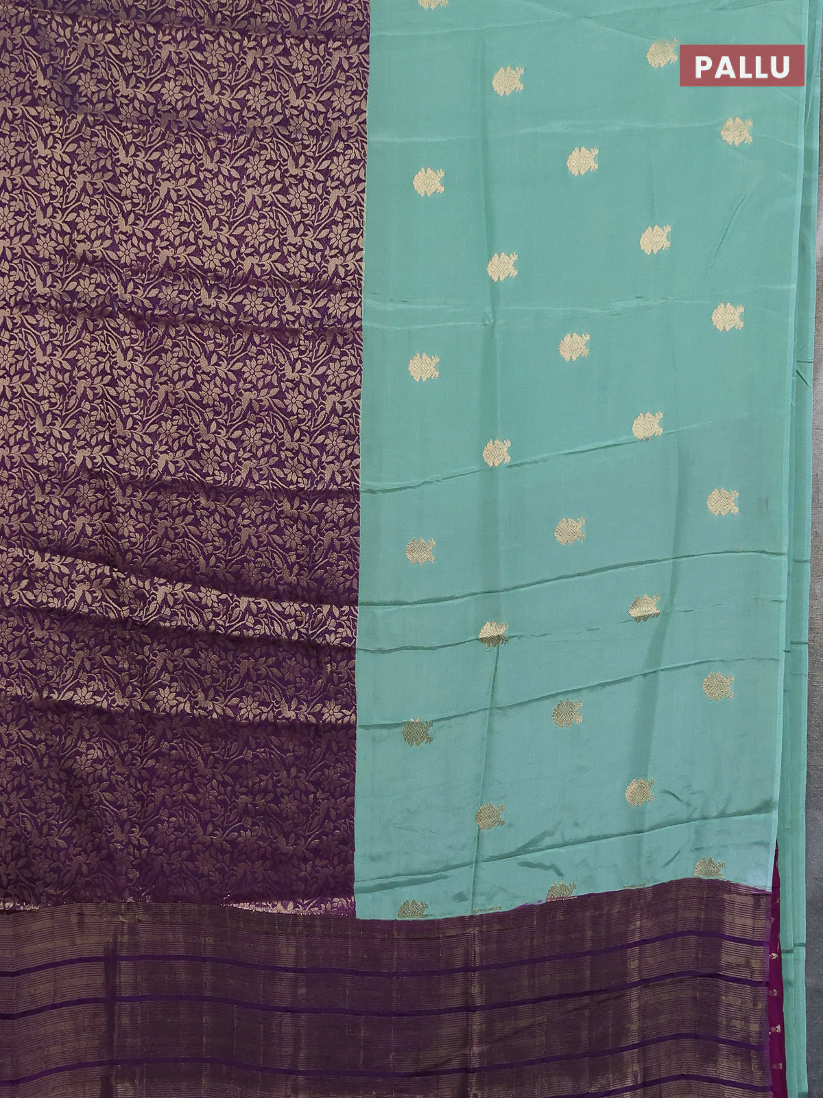 Semi mysore silk saree pastel green and purple with half & half style and long zari woven border - Image 3