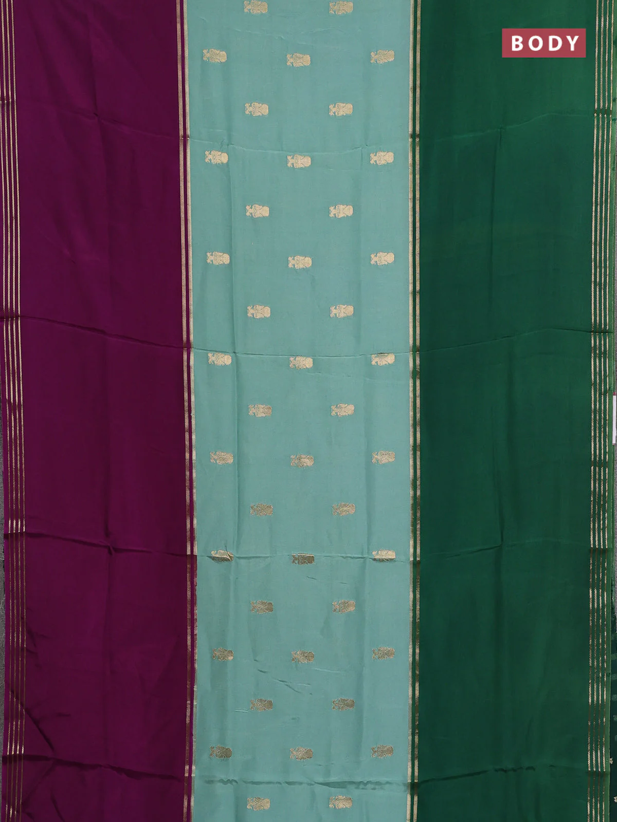 Semi mysore silk saree pastel green purple and dark green with zari woven buttas and long rettapet zari woven border - Image 2