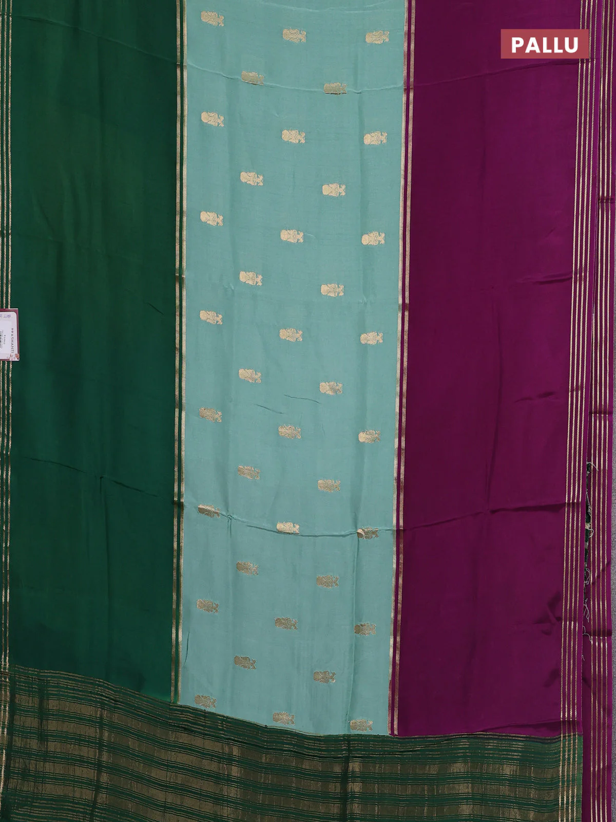 Semi mysore silk saree pastel green purple and dark green with zari woven buttas and long rettapet zari woven border - Image 3