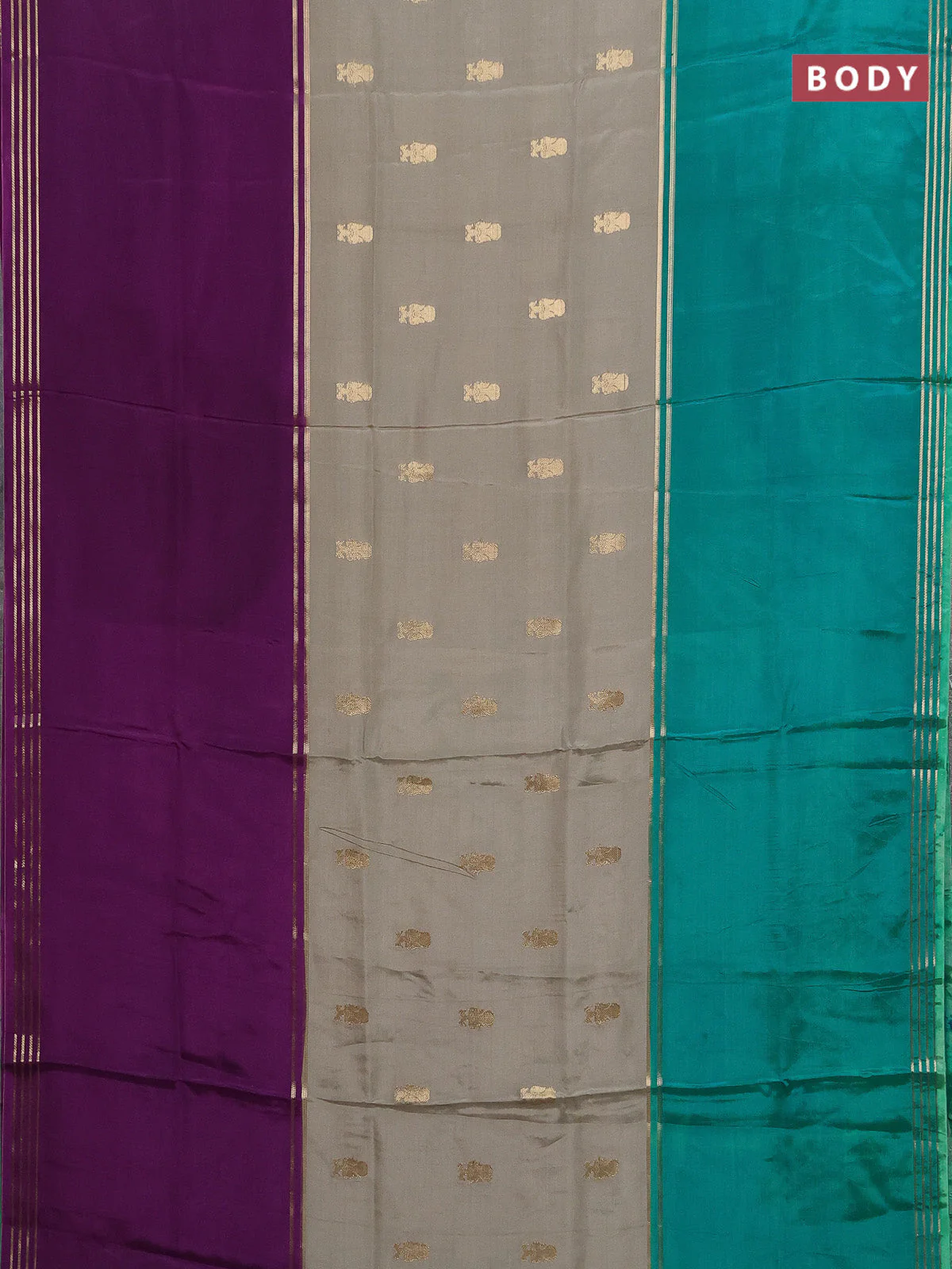 Semi mysore silk saree pastel green purple and teal green with zari woven buttas and long rettapet zari woven border - Image 2