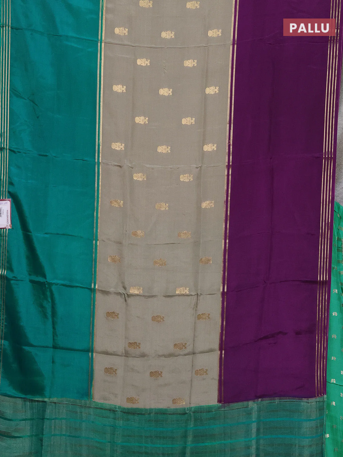 Semi mysore silk saree pastel green purple and teal green with zari woven buttas and long rettapet zari woven border - Image 3
